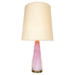 1970s Large Venini Sommerso Murano Glass Table Lamp in Pink & Cream Silk, Italy