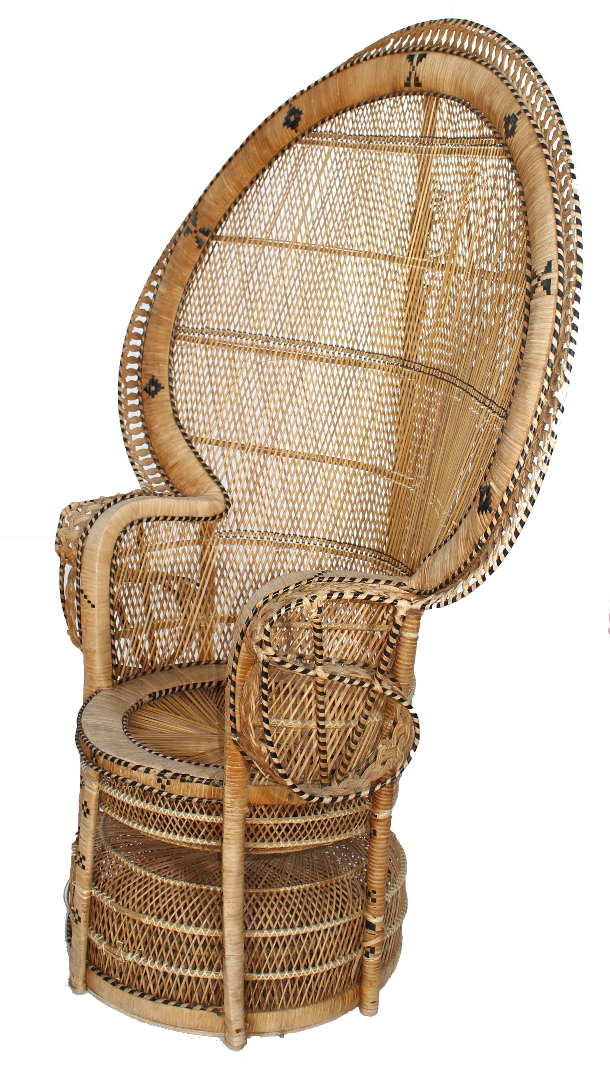 A large vintage Bohemian high quality wicker peacock chair, made famous in 1974 by actress Sylvia Kristel in the movie 'Emmanuelle' where she sat half naked.