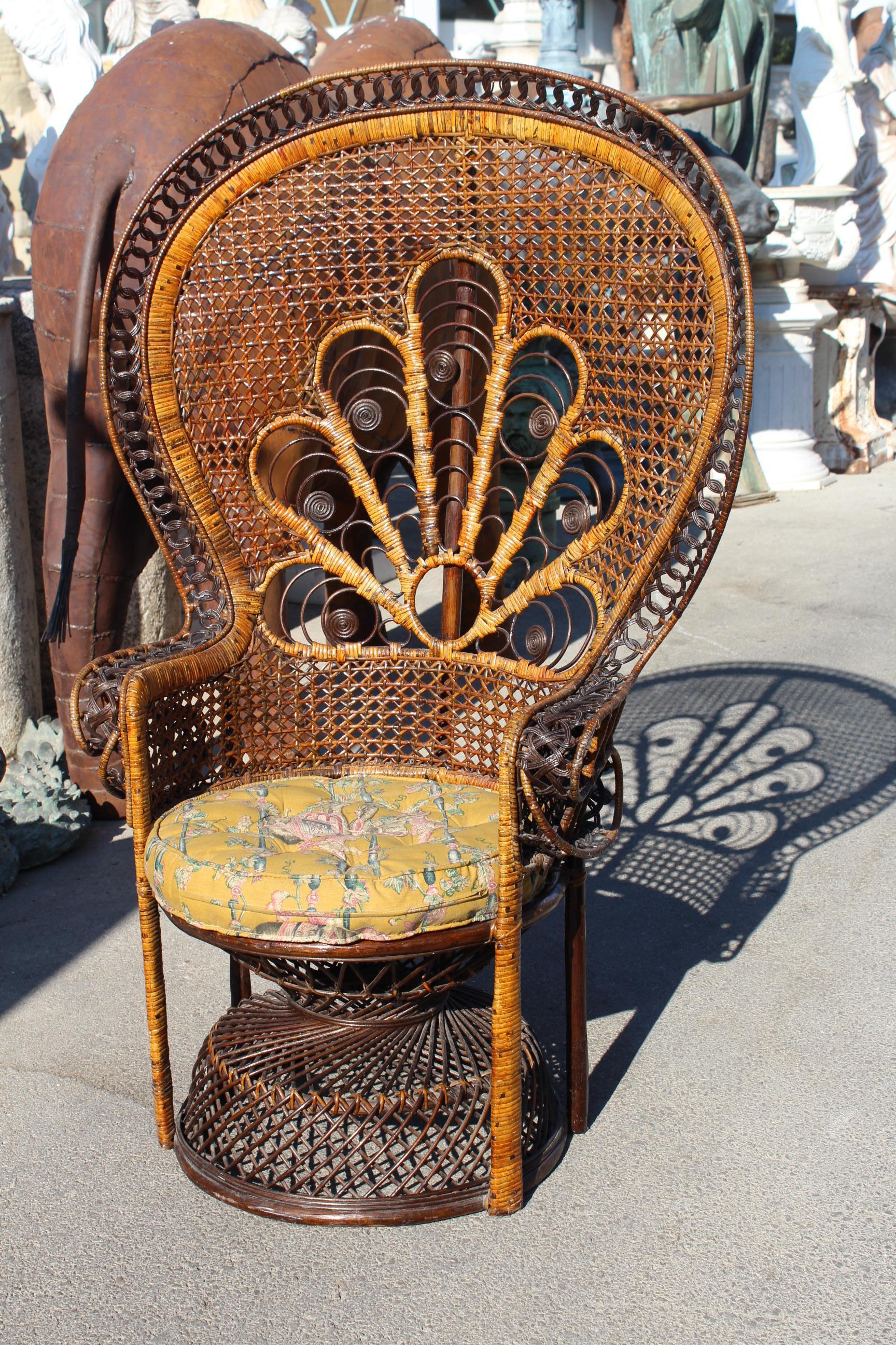 French 1970s Large Vintage Bohemian Emmanuelle / Peacock Wicker Chair