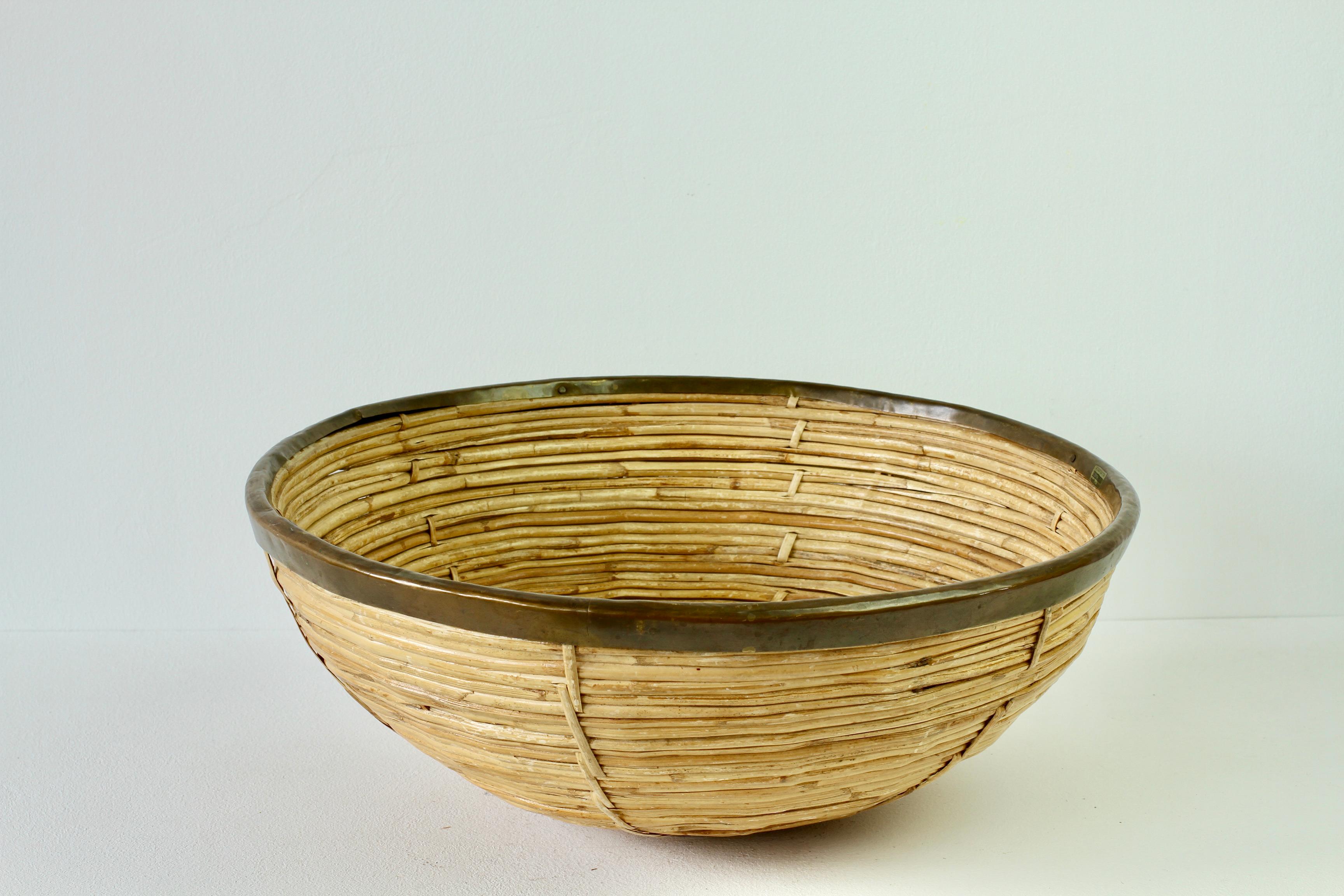 Hand-Woven 1970s Large Vintage Italian Crespi Style Bamboo and Brass Bowl or Dish For Sale