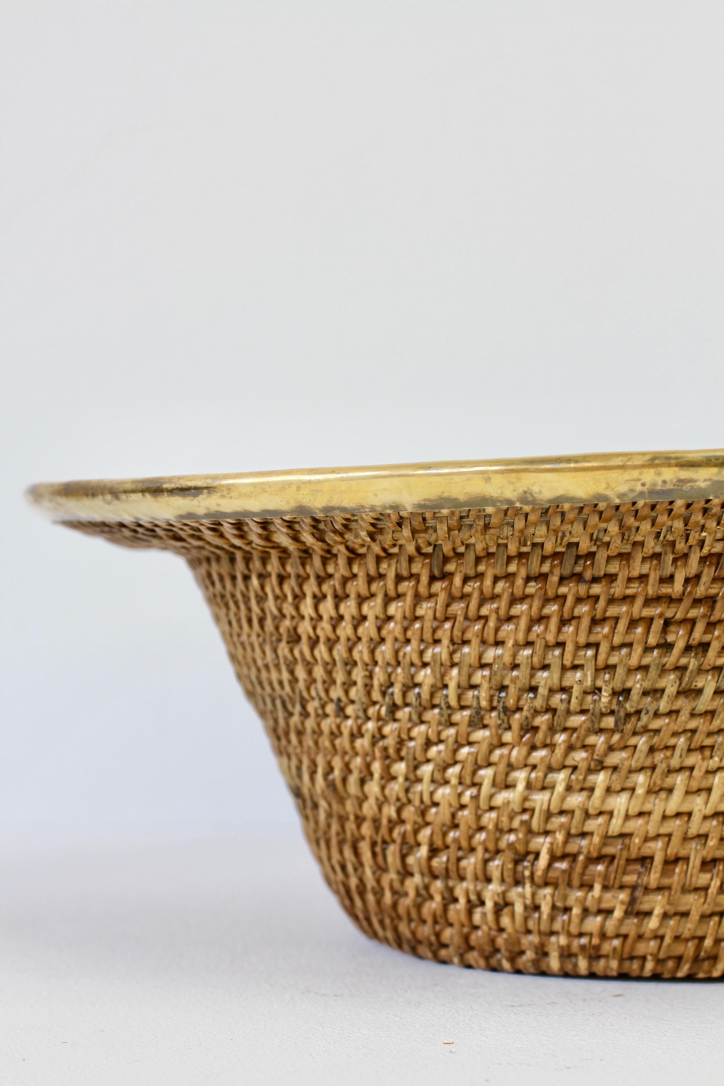 1970s Large Vintage Italian Wicker, Rattan and Brass Bowl or Dish 1