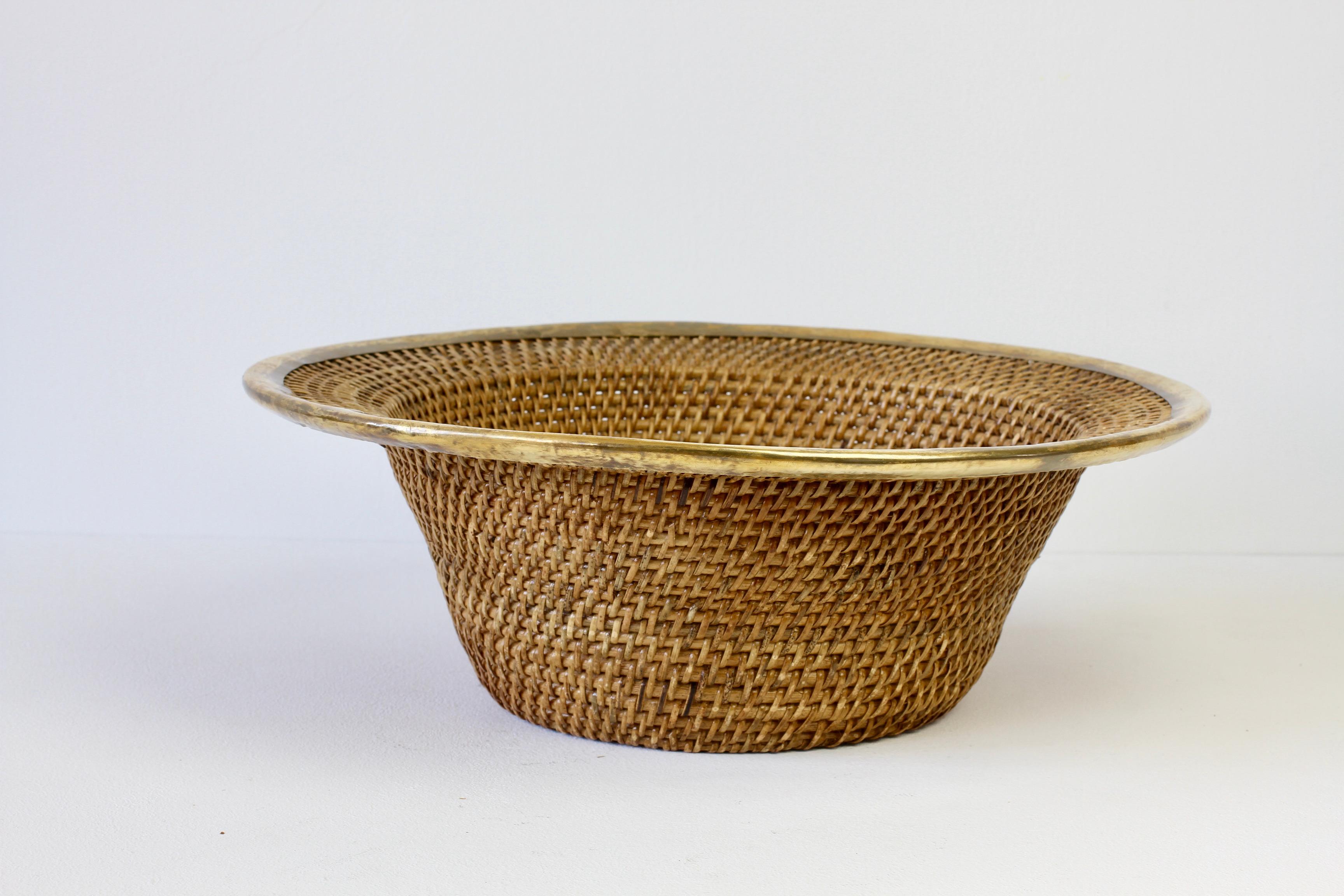 Hollywood Regency 1970s Large Vintage Italian Wicker, Rattan and Brass Bowl or Dish