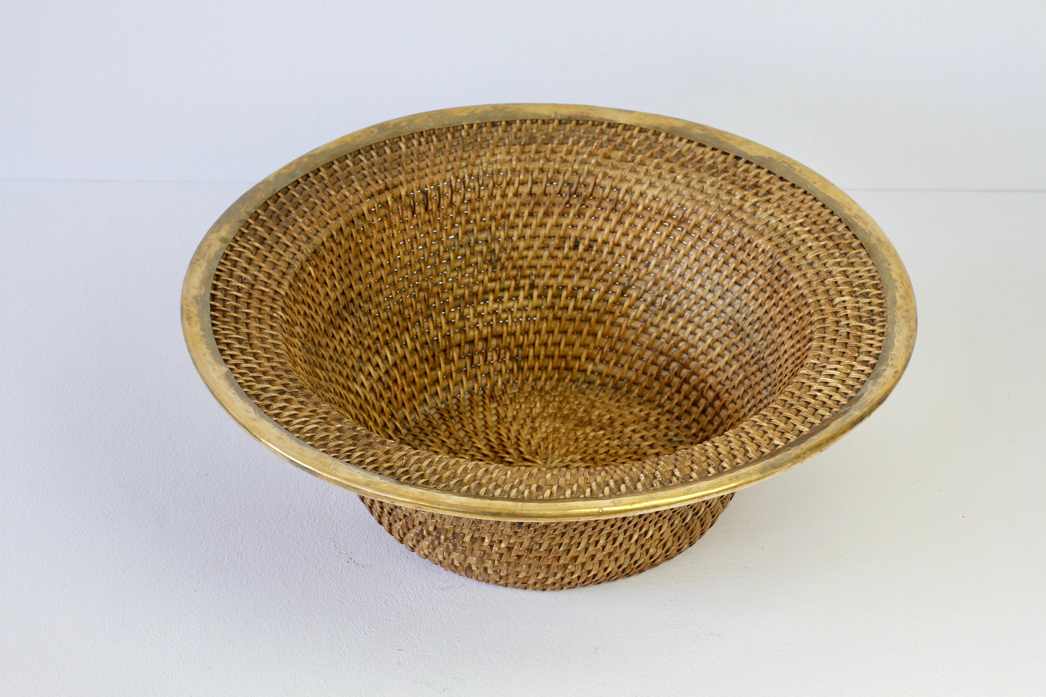 Polished 1970s Large Vintage Italian Wicker, Rattan and Brass Bowl or Dish