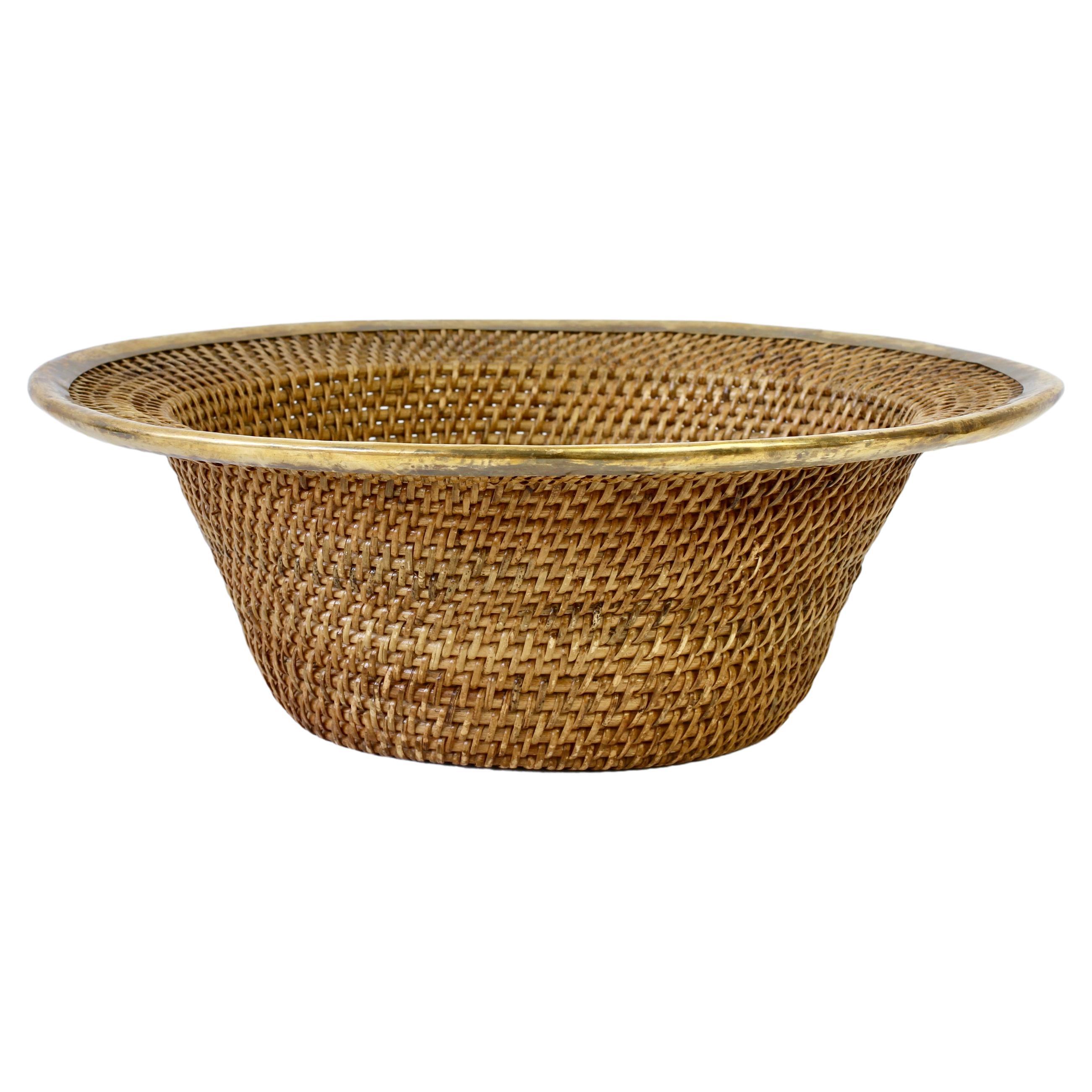 1970s Large Vintage Italian Wicker, Rattan and Brass Bowl or Dish