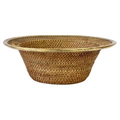 1970s Large Vintage Italian Wicker, Rattan and Brass Bowl or Dish