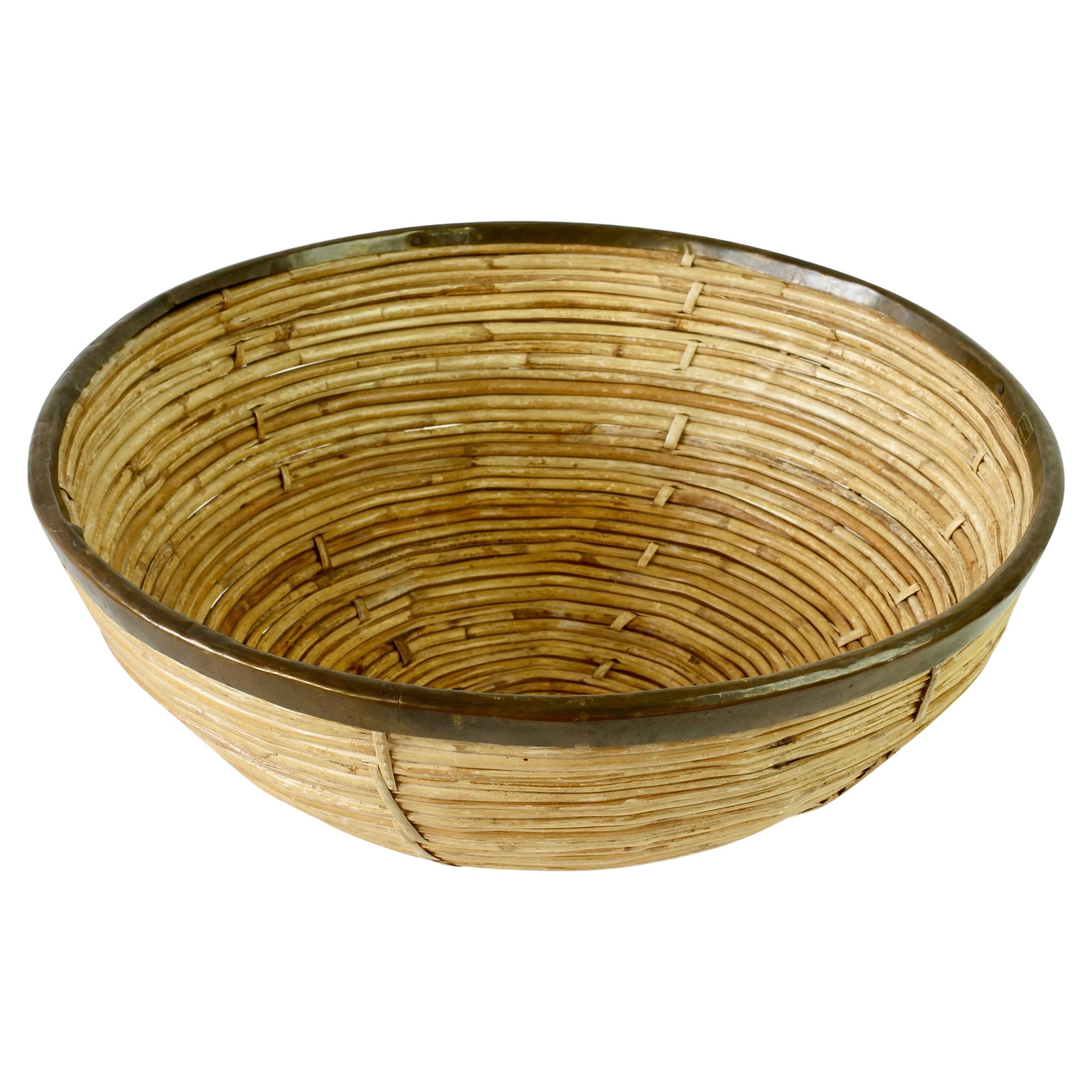 1970s Large Vintage Mid-Century Modern Italian Bamboo and Brass Bowl or Dish