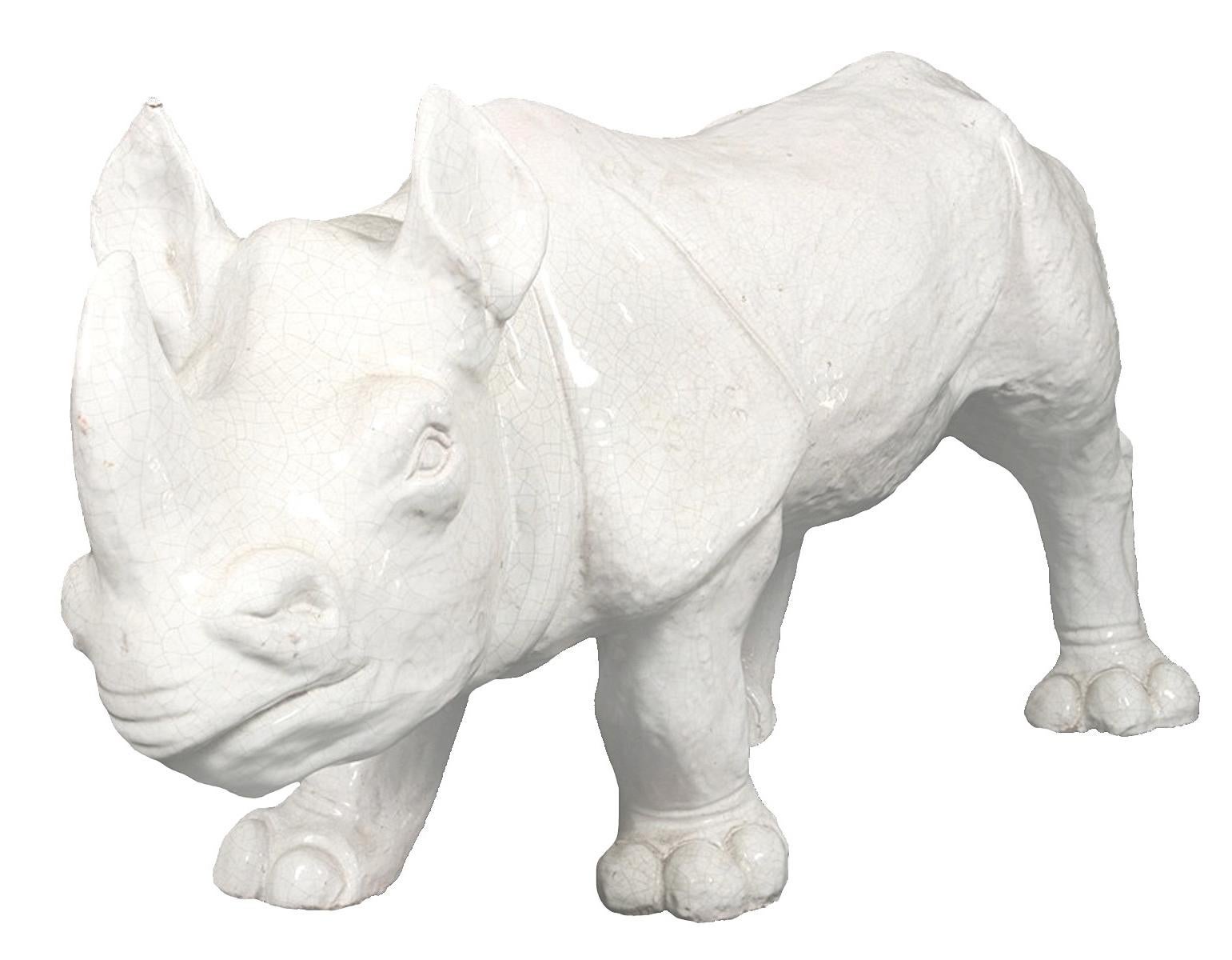 French 1970s Large White Glazed Terracotta Rhino