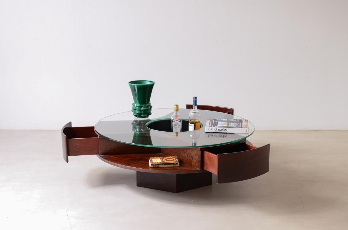 Italian 1970's Large wooden center table with side drawers