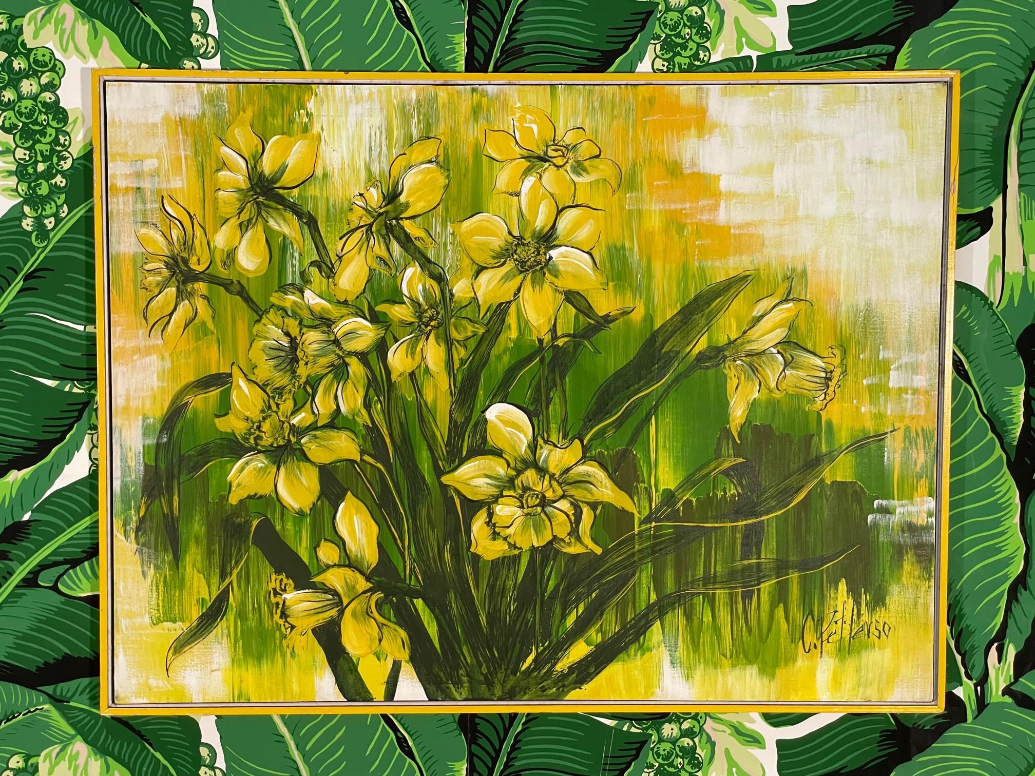 Large 70s still life painting features bold yellows and greens and a yellow wood frame. Good condition with imperfections consistent with age. May exhibit scuffs, marks, or wear, see photos for details.

 