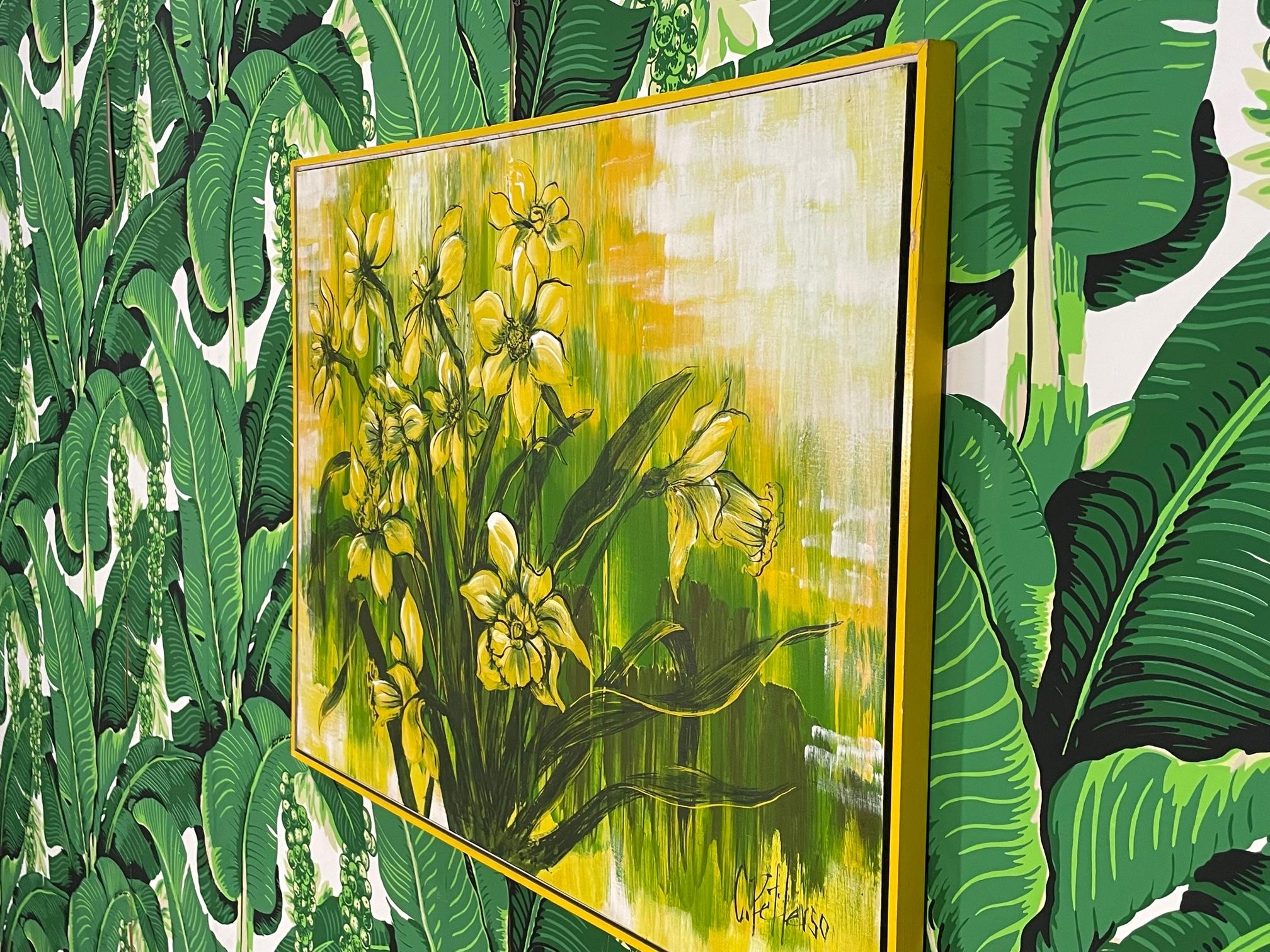 Hollywood Regency 1970s Large Yellow Floral Framed Painting For Sale