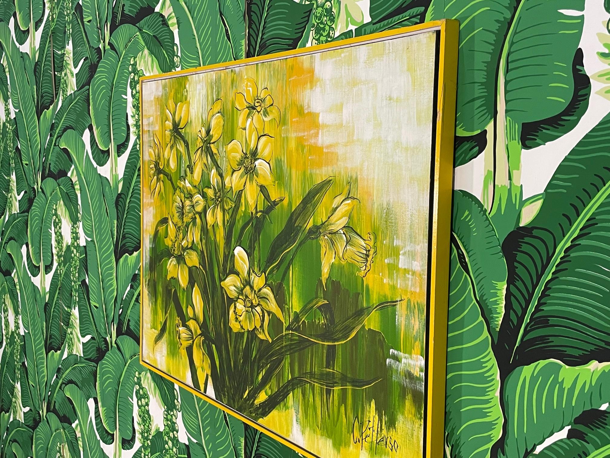 1970s Large Yellow Floral Framed Painting In Good Condition In Jacksonville, FL