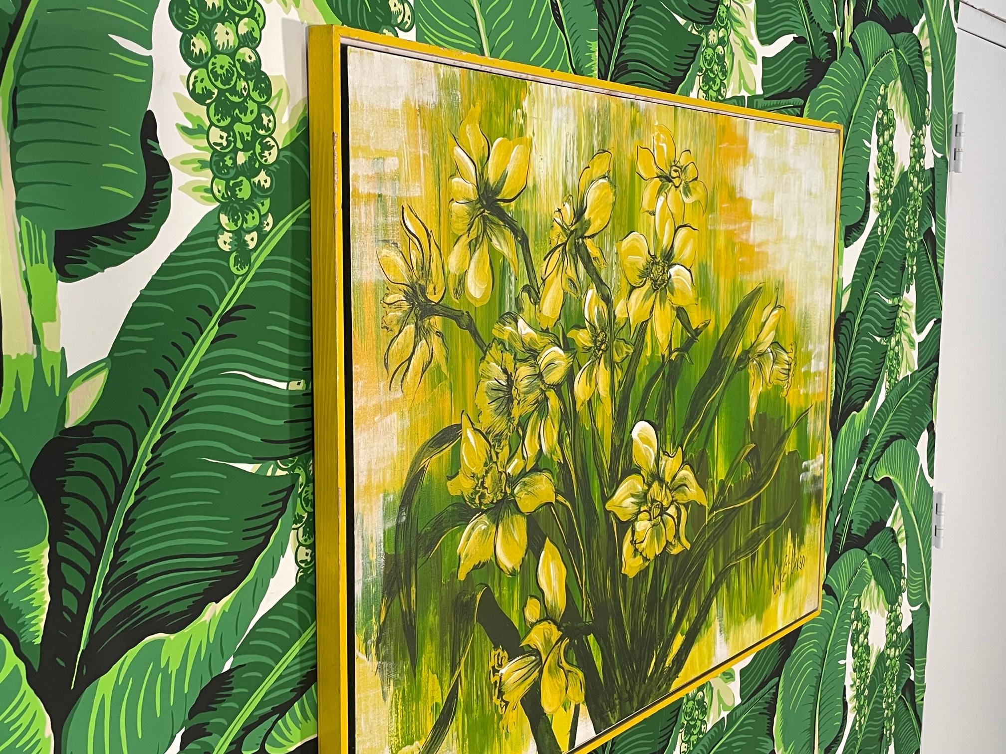 1970s Large Yellow Floral Framed Painting In Good Condition For Sale In Jacksonville, FL