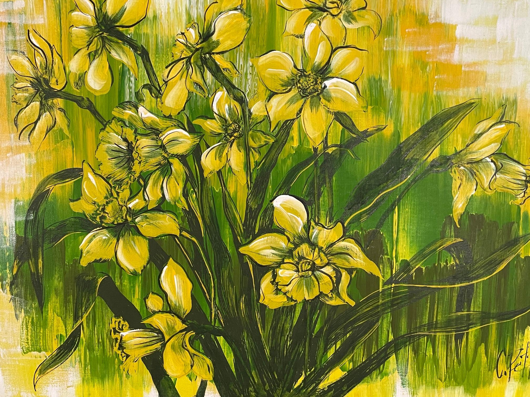 Canvas 1970s Large Yellow Floral Framed Painting