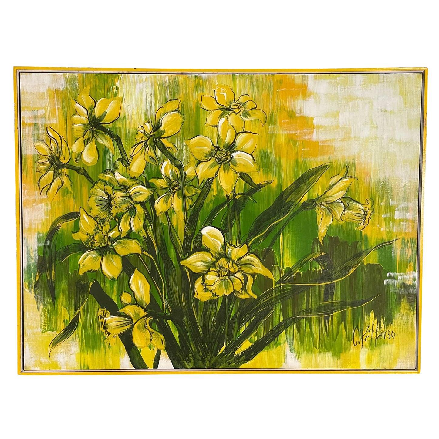 1970s Large Yellow Floral Framed Painting For Sale
