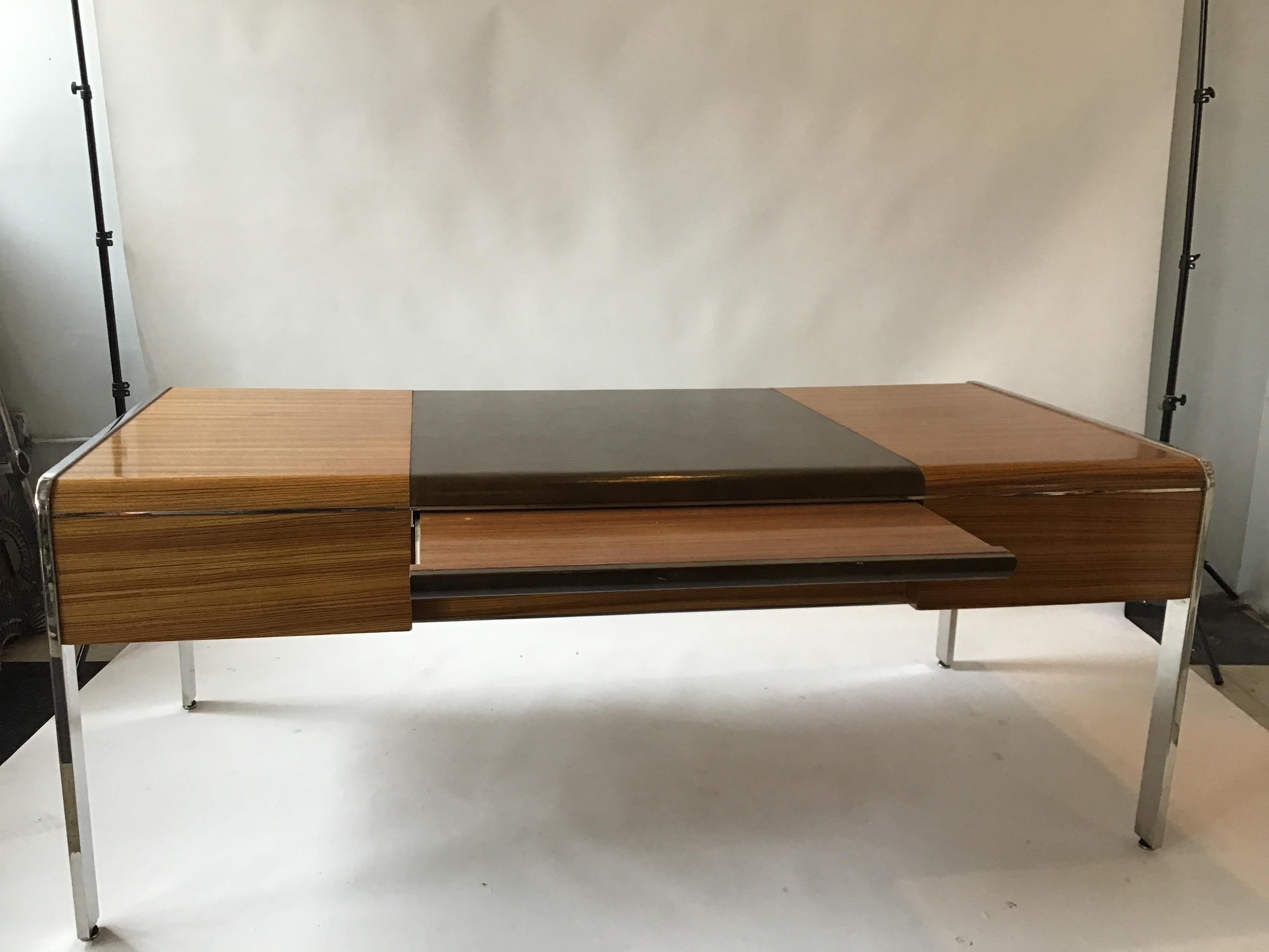 1970s Large Zebra Wood and Chrome Desk by Leon Rosen for Pace 12