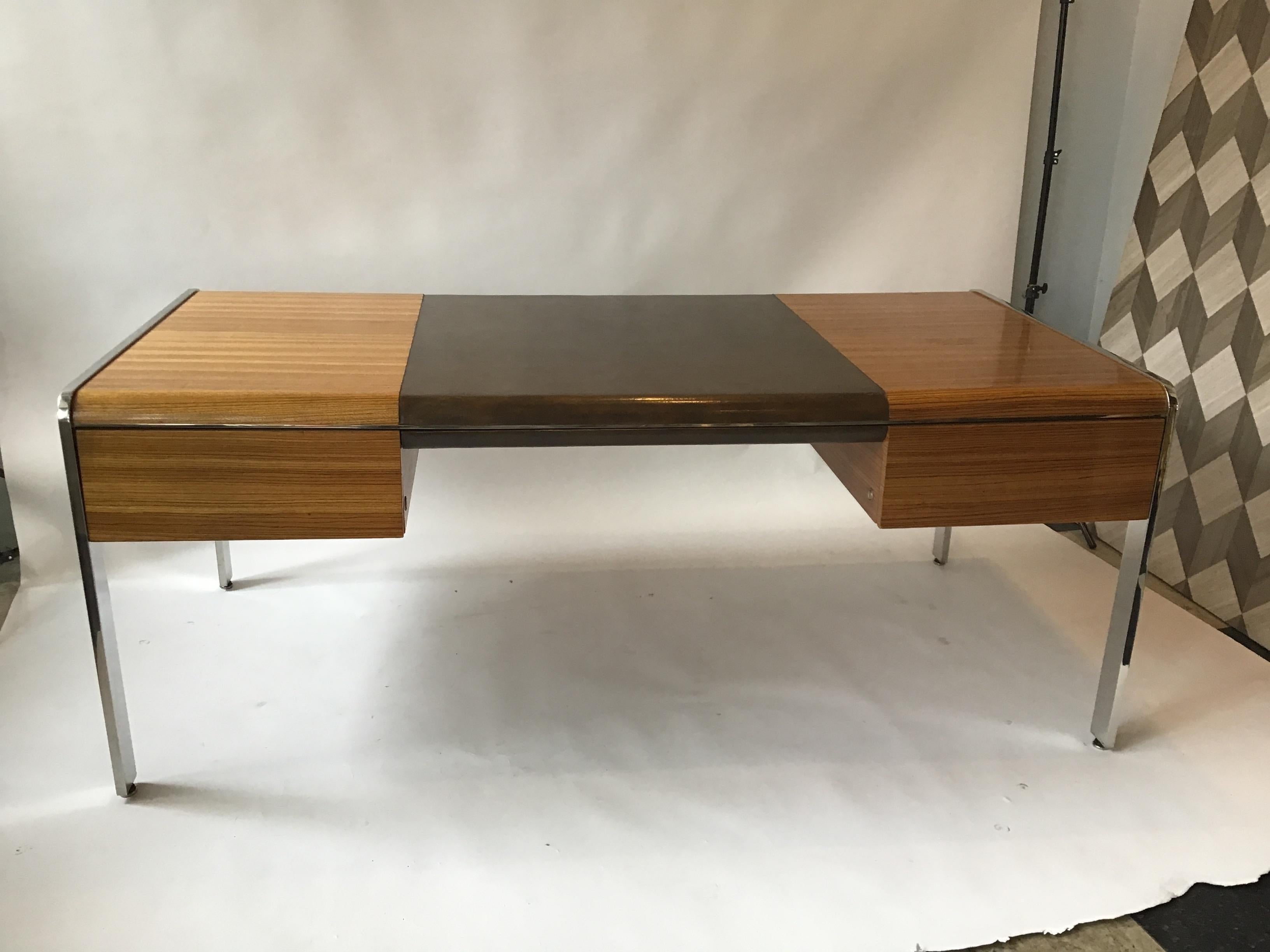 Late 20th Century 1970s Large Zebra Wood and Chrome Desk by Leon Rosen for Pace
