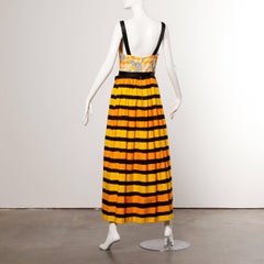 1970s Larry Aldrich Vintage Yellow Orange + Black Striped Print Maxi Dress