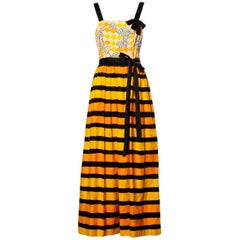 1970s Larry Aldrich Vintage Yellow Orange + Black Striped Print Maxi Dress
