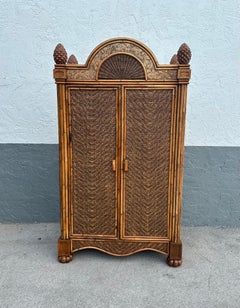 1970s Large Rattan Etched Wood Safari Arch Armoire Wardrobe Storage Cabinet