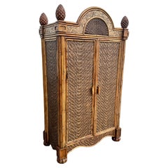 1970s Large Rattan Etched Wood Safari Arch Armoire Wardrobe Storage Cabinet