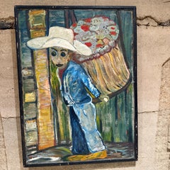 1970s Latin American Art Flower Vendor Oil on Wood