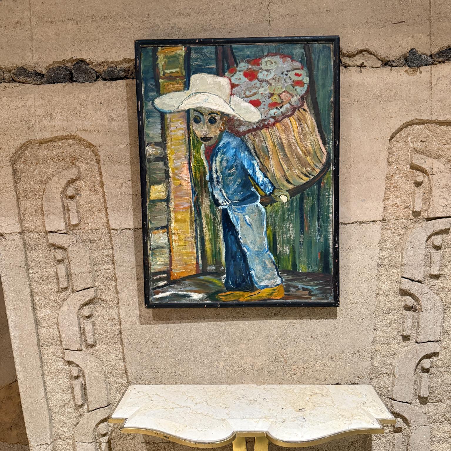 Mid-Century Modern 1970s Latin American Art Flower Vendor Oil on Wood For Sale