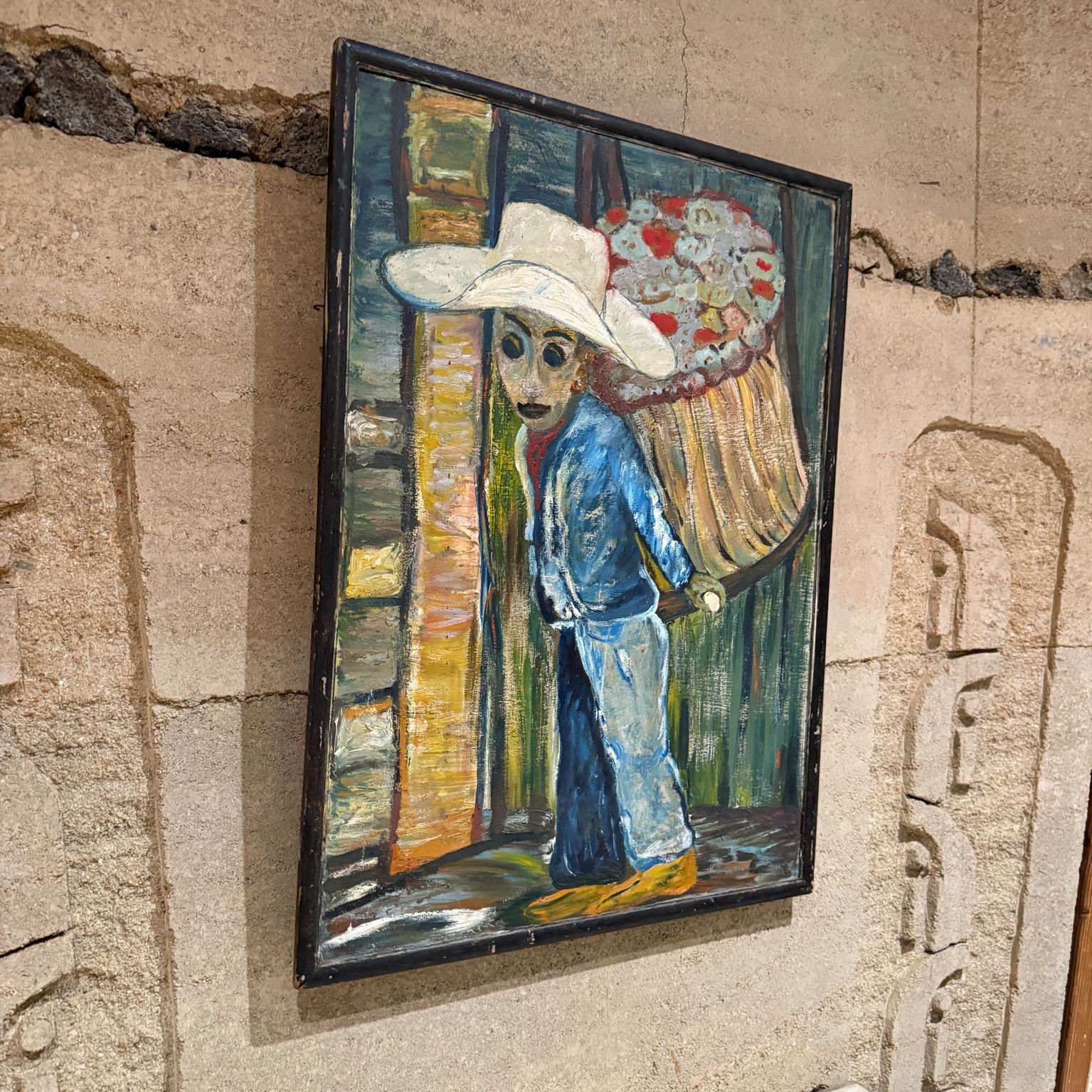Mexican 1970s Latin American Art Flower Vendor Oil on Wood For Sale