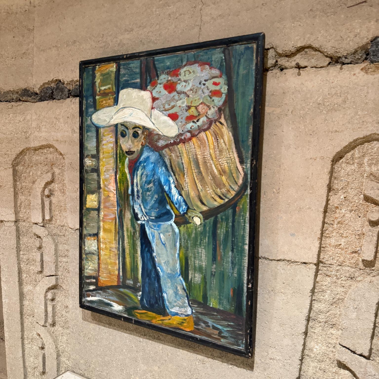 1970s Latin American Art Flower Vendor Oil on Wood In Good Condition For Sale In Chula Vista, CA