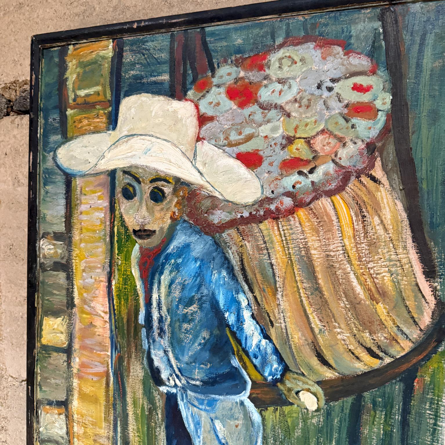 Late 20th Century 1970s Latin American Art Flower Vendor Oil on Wood For Sale