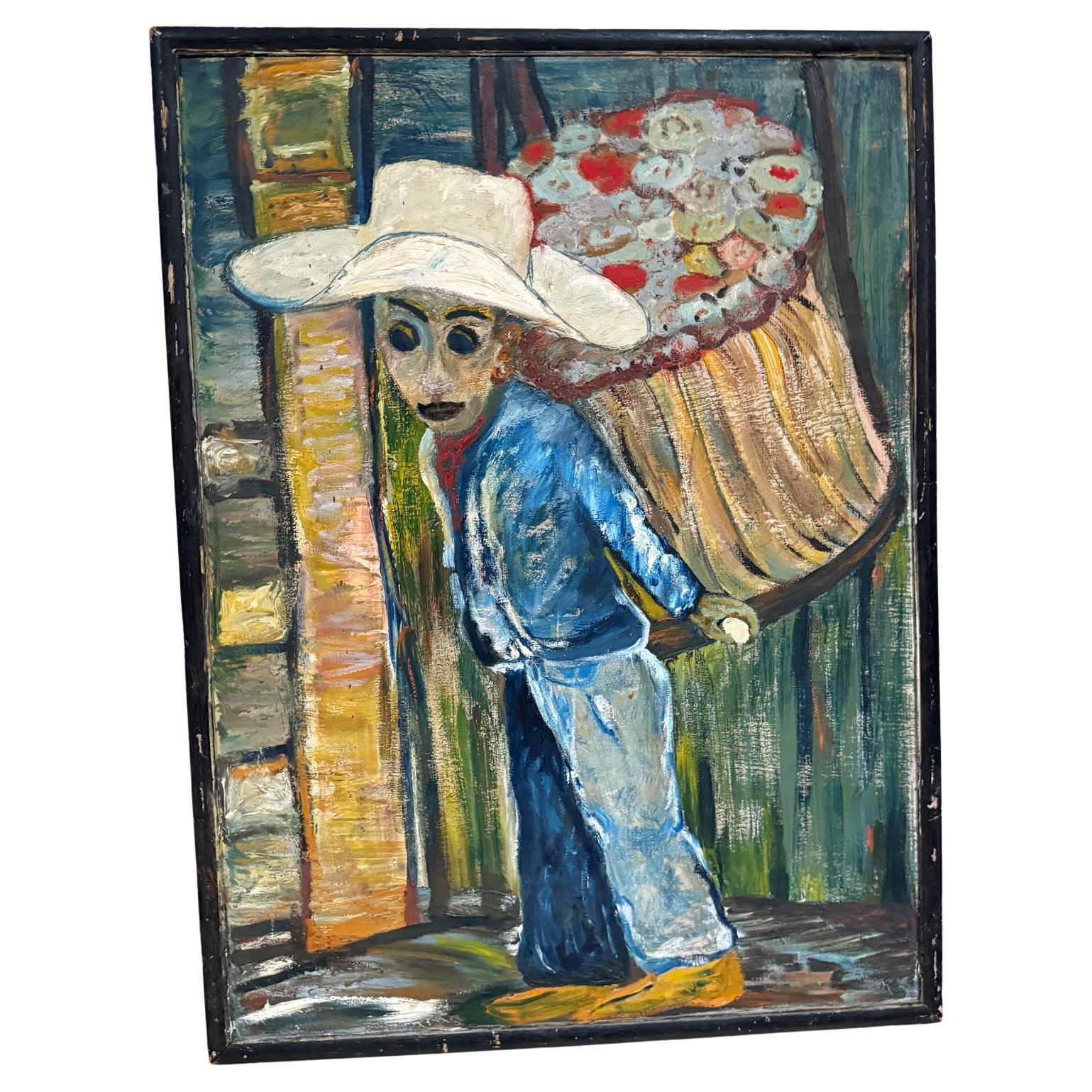 1970 Latin American Art Flower Vendor Oil on Wood
