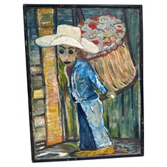 1970s Latin American Art Flower Vendor Oil on Wood