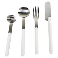 Vintage 1970s Lauffer Japan Modern 4-Piece Flatware Set White & Stainless Steel