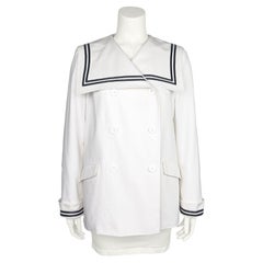 1970s Laura Ashley Double Breasted White and Navy Blue Sailor Jacket (Veste de marin blanche et bleu marine)