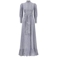 1970er Laura Ashley Edwardian Style marineblau und weißes Baumwollkleid