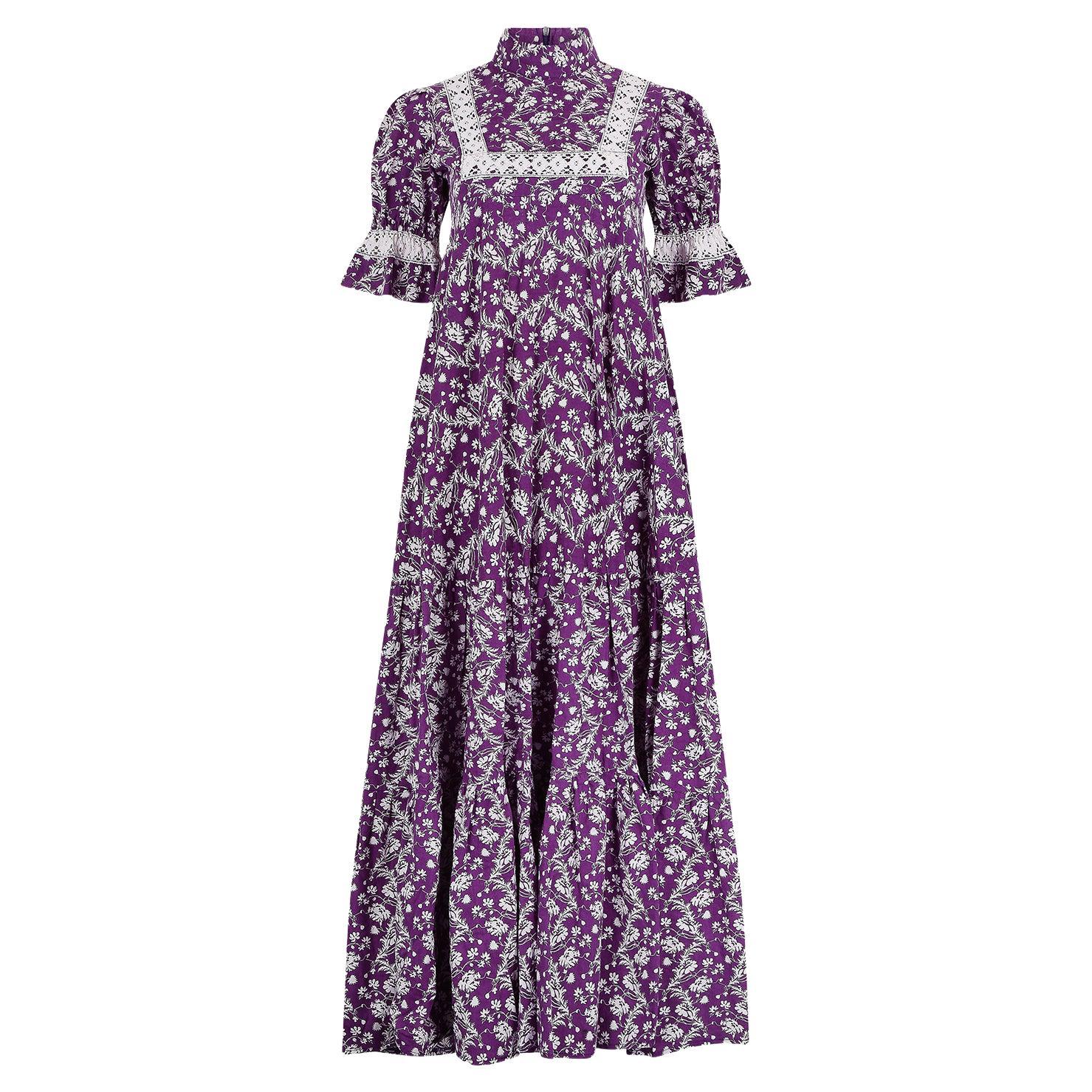 1970s Laura Ashley Purple Floral Print Maxi Dress