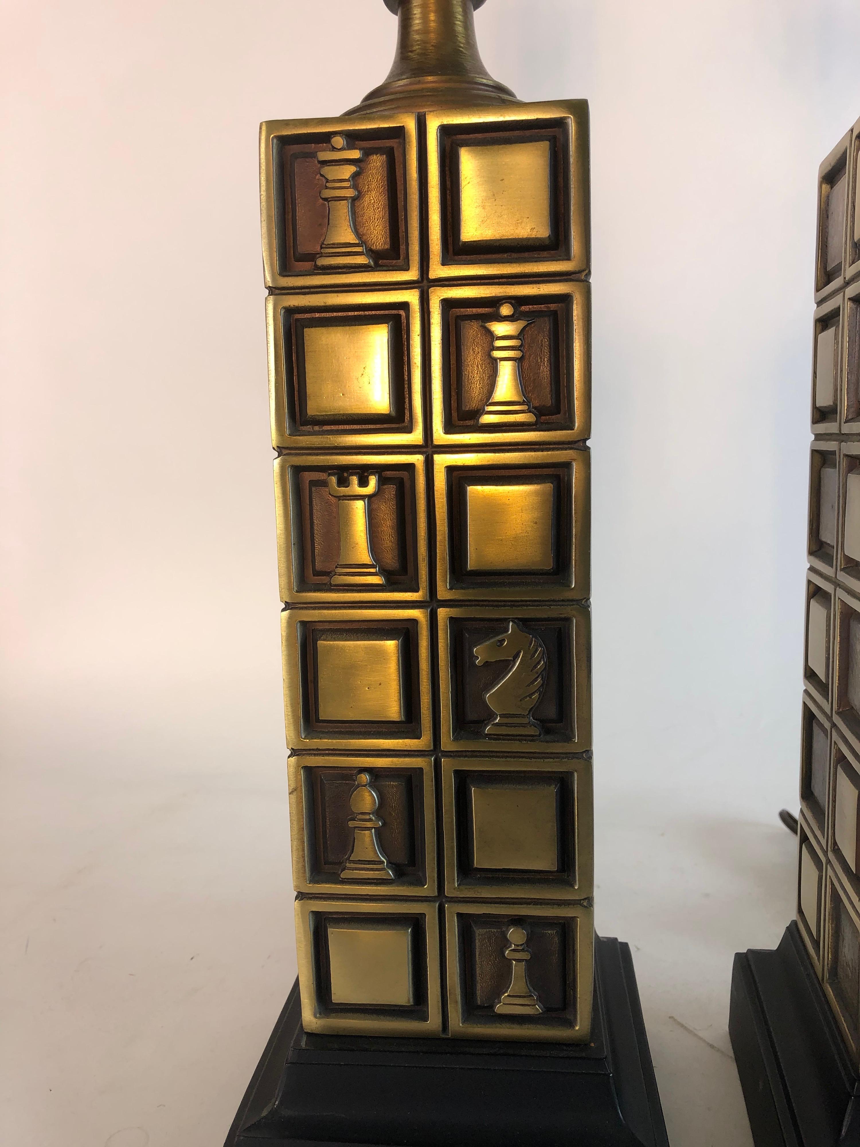 1970s Laurel Lamp Co Brass Chess Table Lamps, Pair For Sale 4
