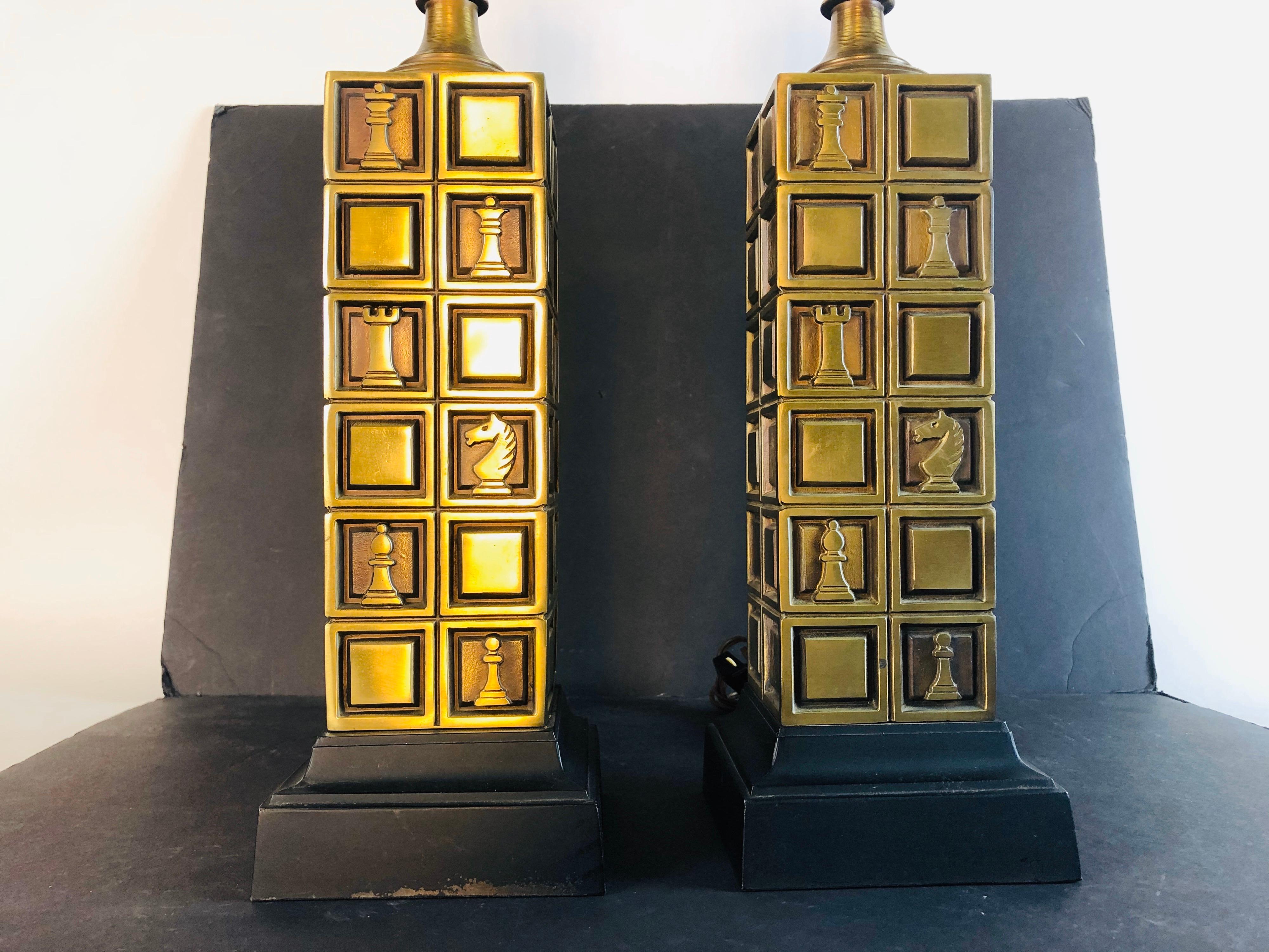 Mid-Century Modern 1970s Laurel Lamp Co Brass Chess Table Lamps, Pair For Sale