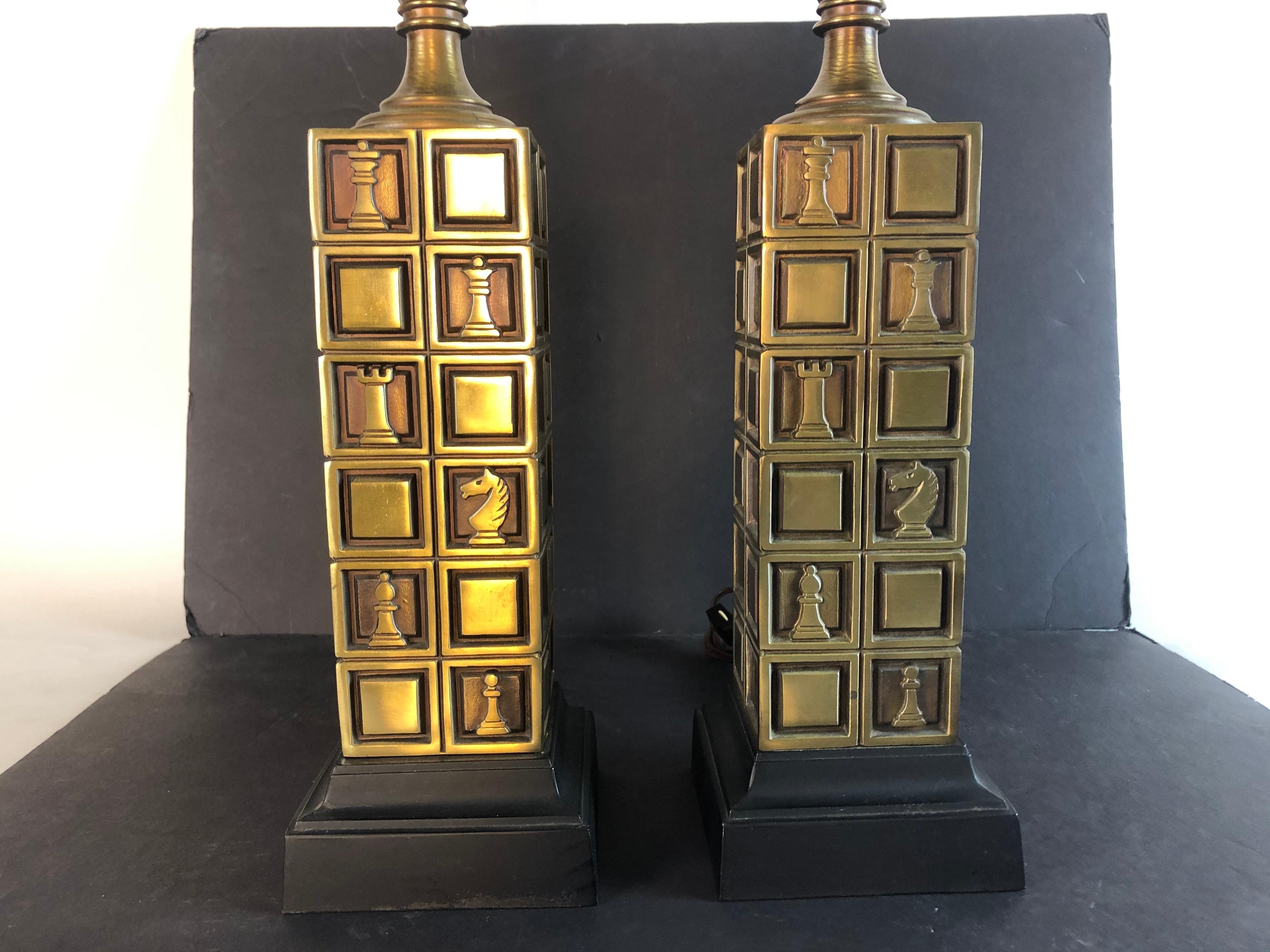 American 1970s Laurel Lamp Co Brass Chess Table Lamps, Pair For Sale