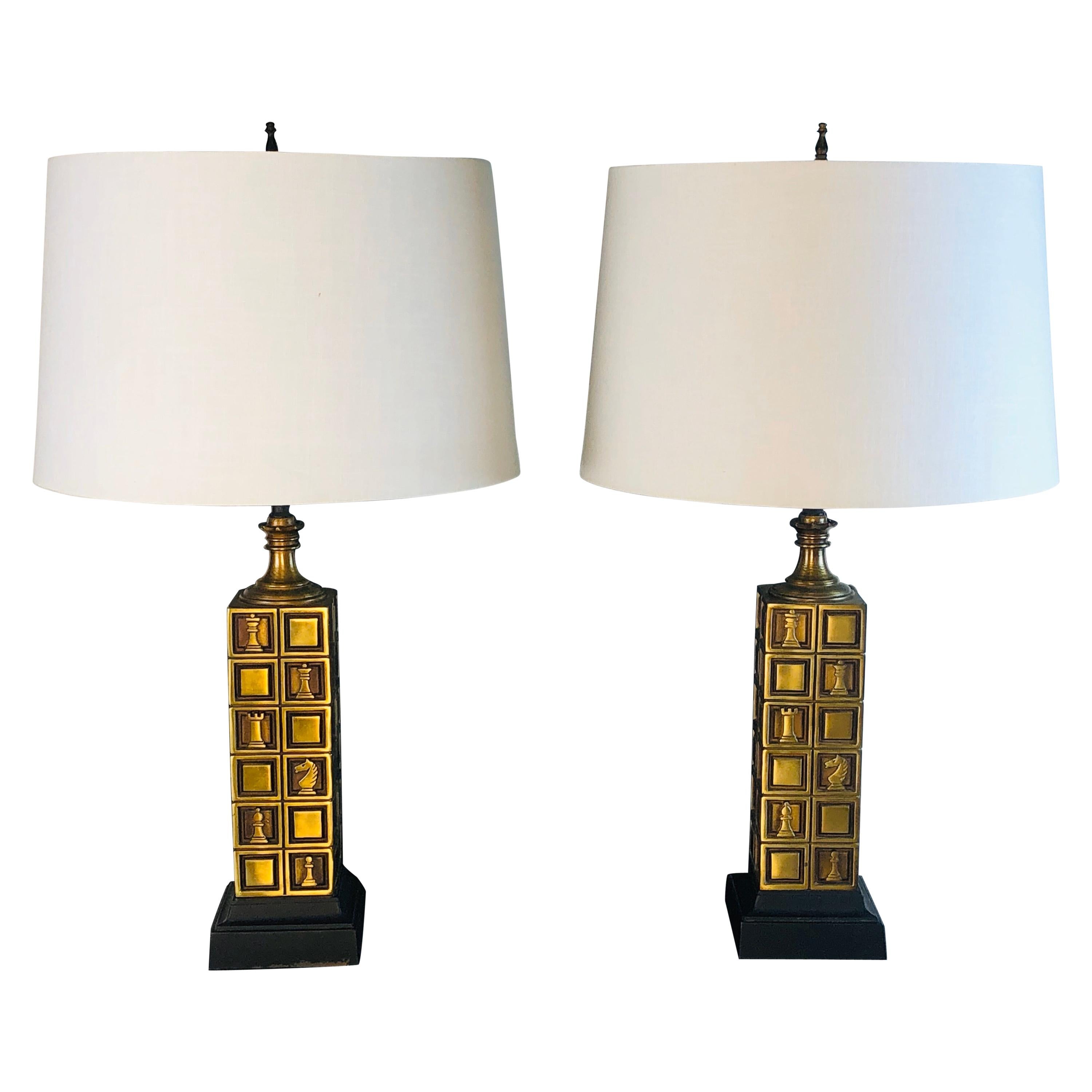 1970s Laurel Lamp Co Brass Chess Table Lamps, Pair For Sale