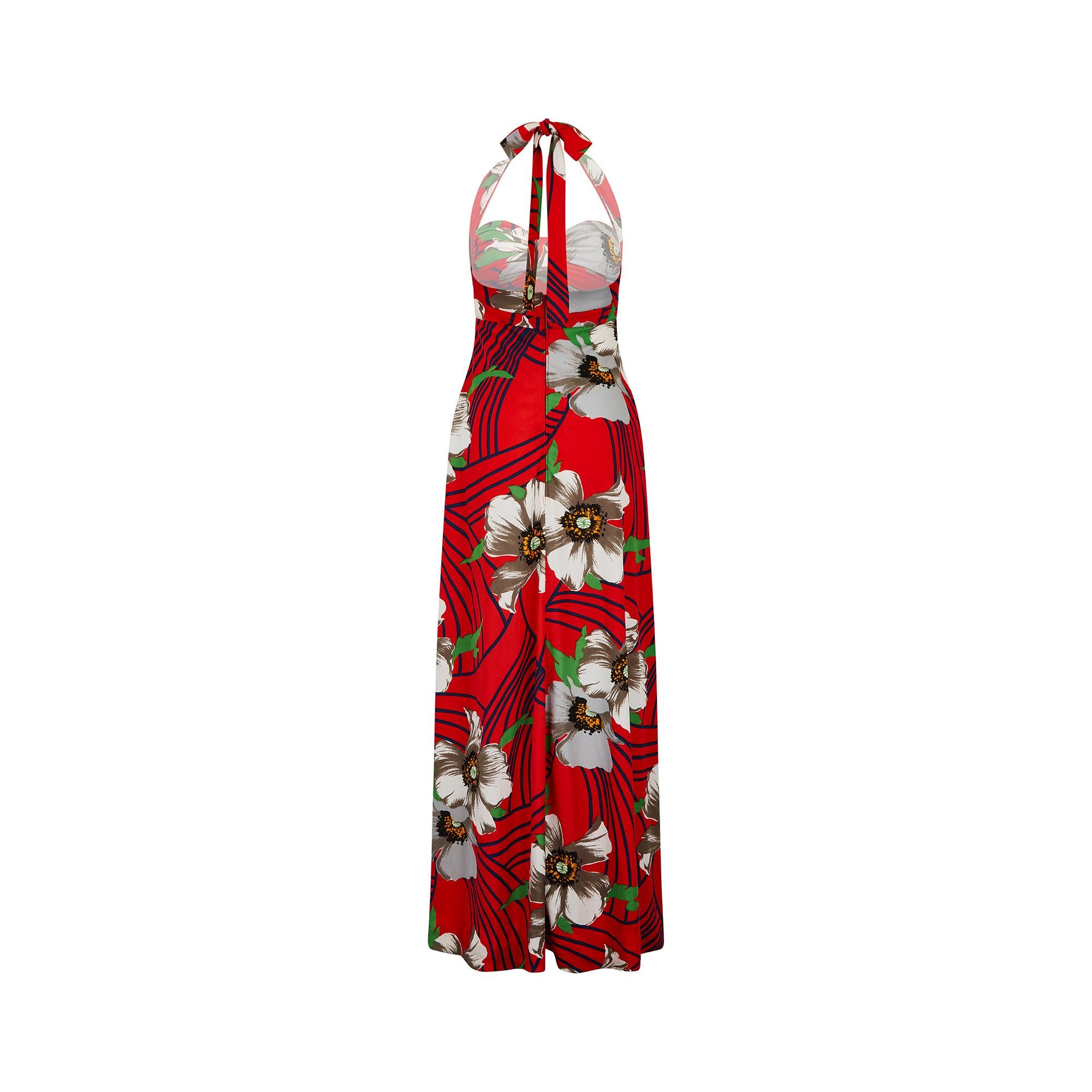 Red 1970s Laurent Servet Jersey Floral Print Dress For Sale