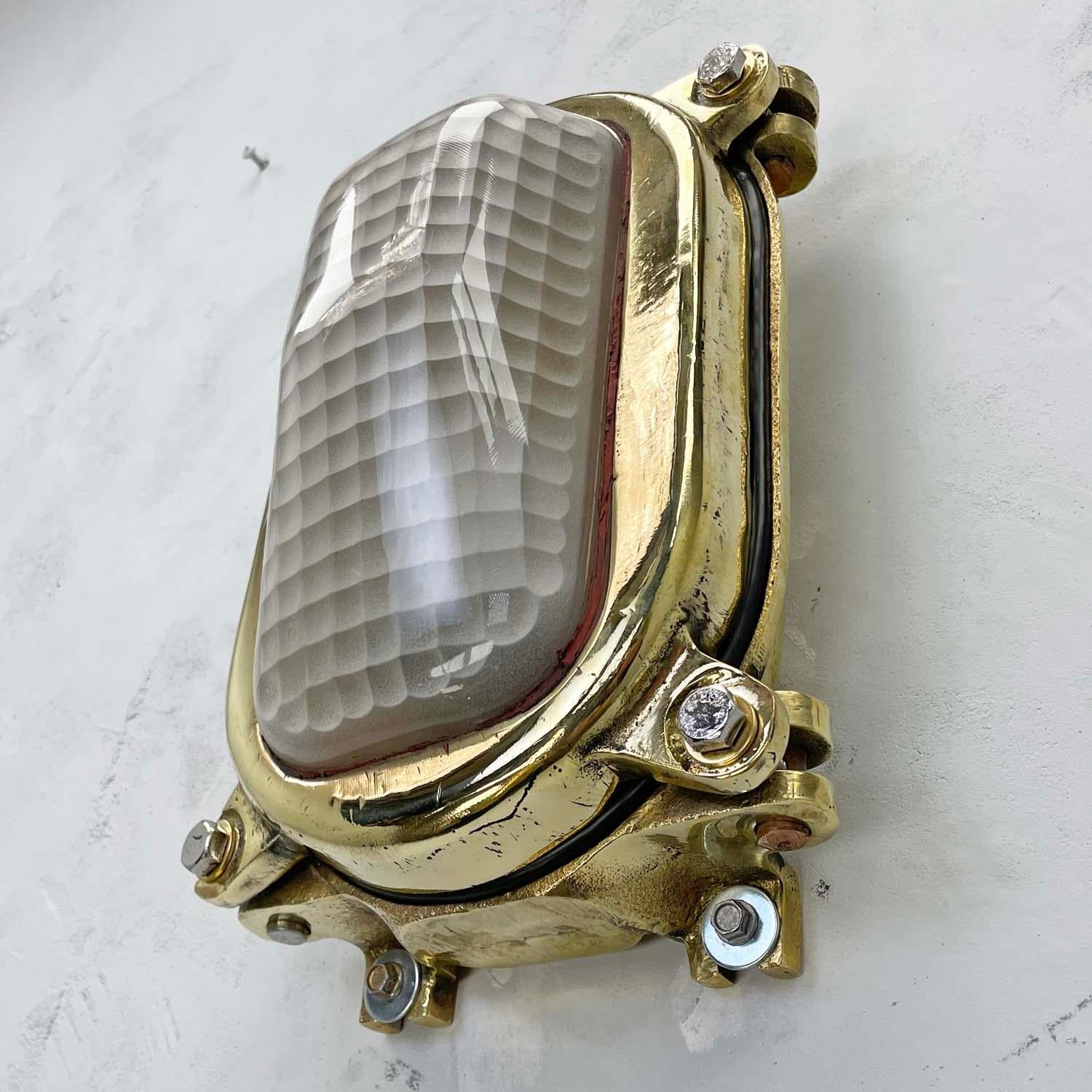 Industrial 1970's Cast Brass Rectangular Wall Light, Frosted Quadrant Pattern Glass Shade For Sale