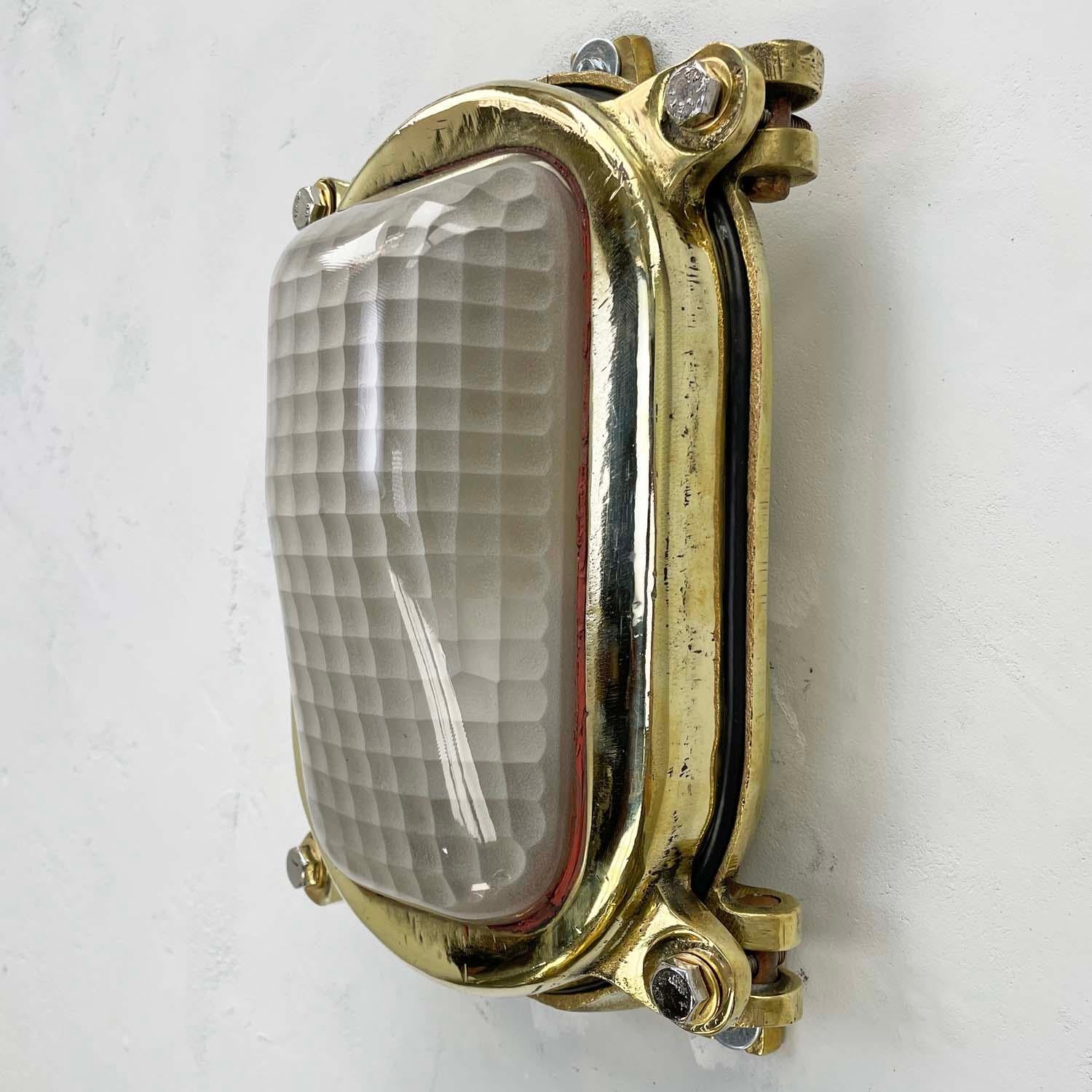Japanese 1970's Cast Brass Rectangular Wall Light, Frosted Quadrant Pattern Glass Shade For Sale