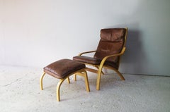 1970s Leather and Bentwood Lounge Chair and Footstool by Skippers Mobler