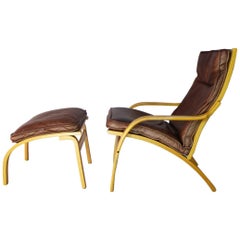 1970s Leather and Bentwood Lounge Chair and Footstool by Skippers Mobler