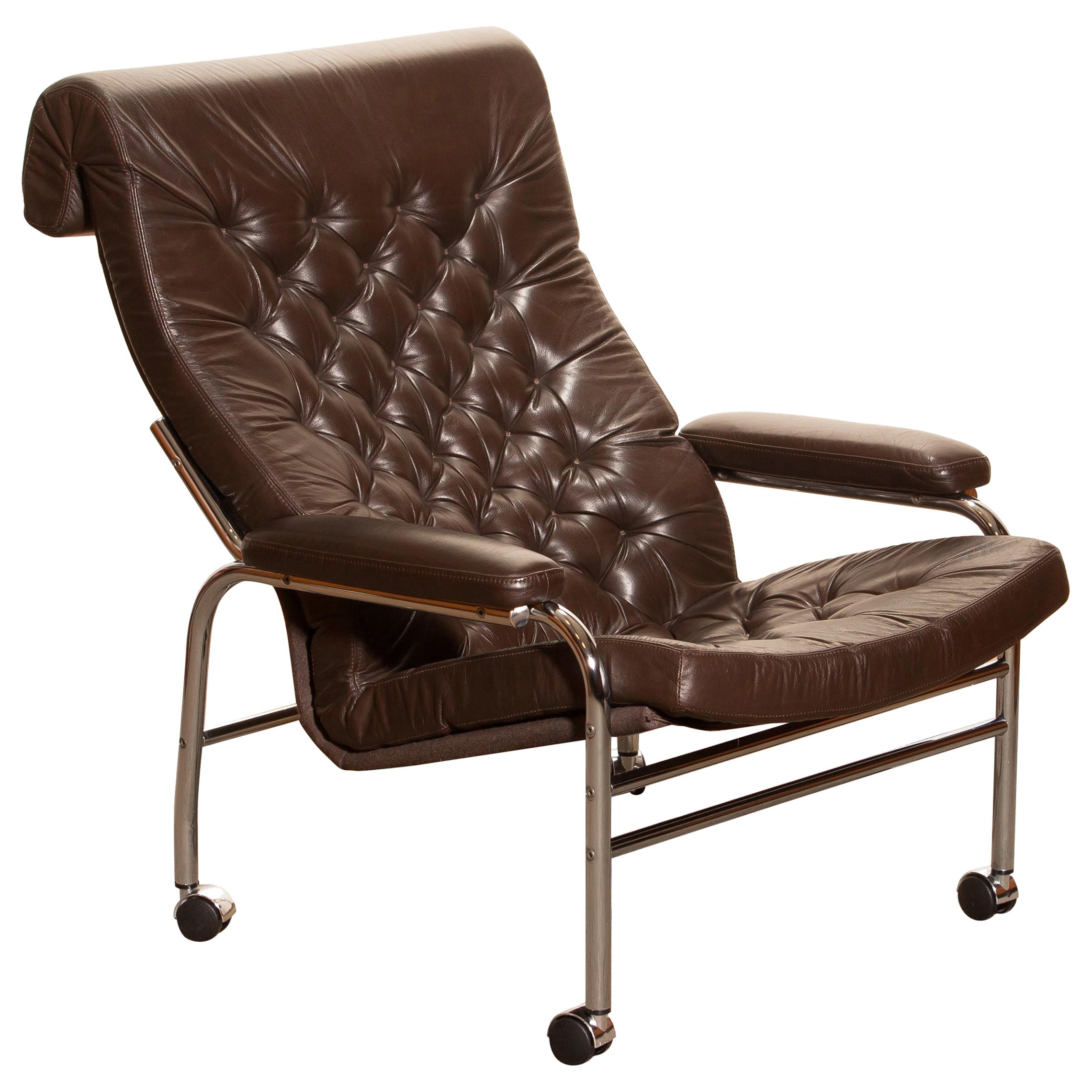 Mid-Century Modern 1970s, Leather and Chrome Lounge Chair 'Bore' by Noboru Nakamura