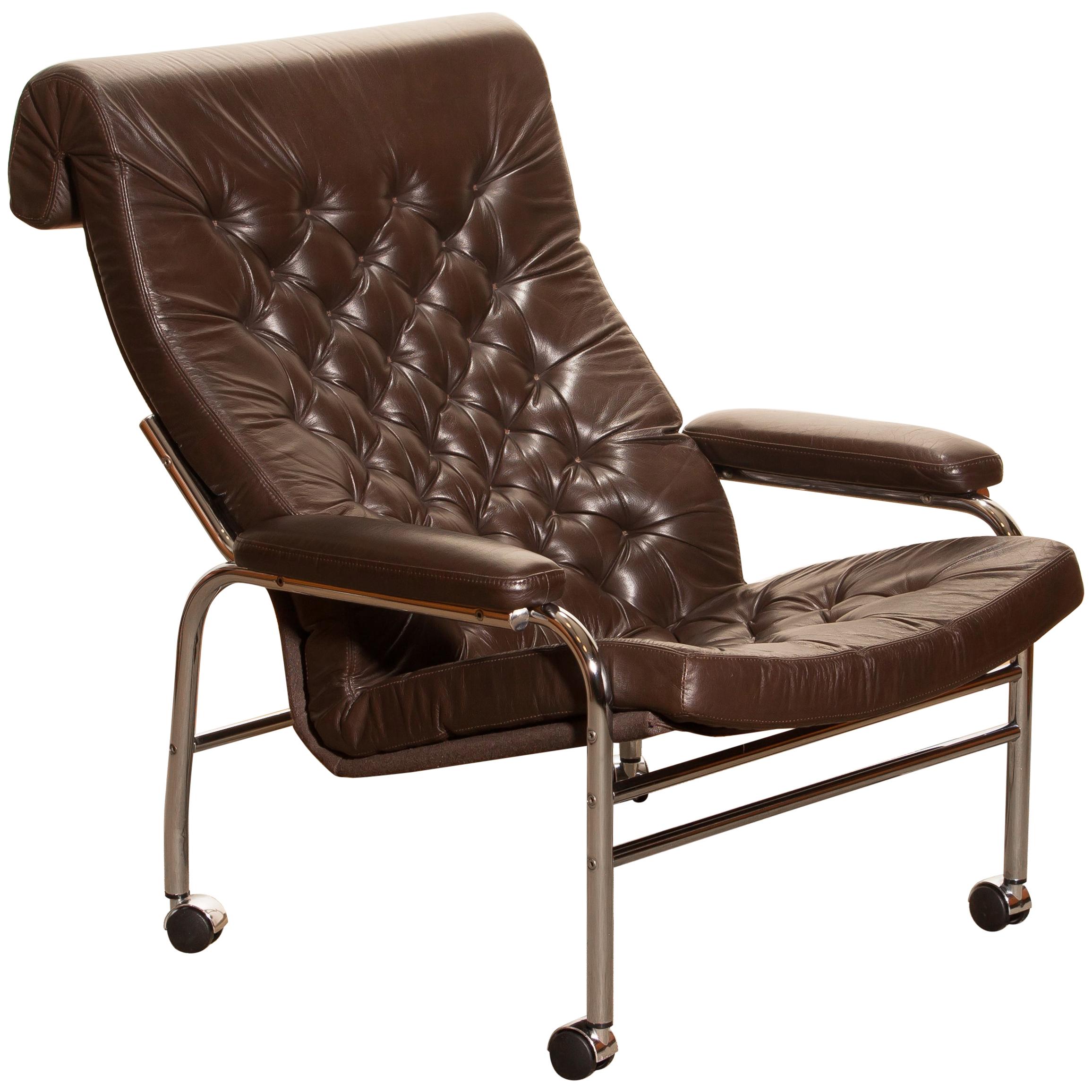 Swedish 1970s, Leather and Chrome Lounge Chair 'Bore' by Noboru Nakamura