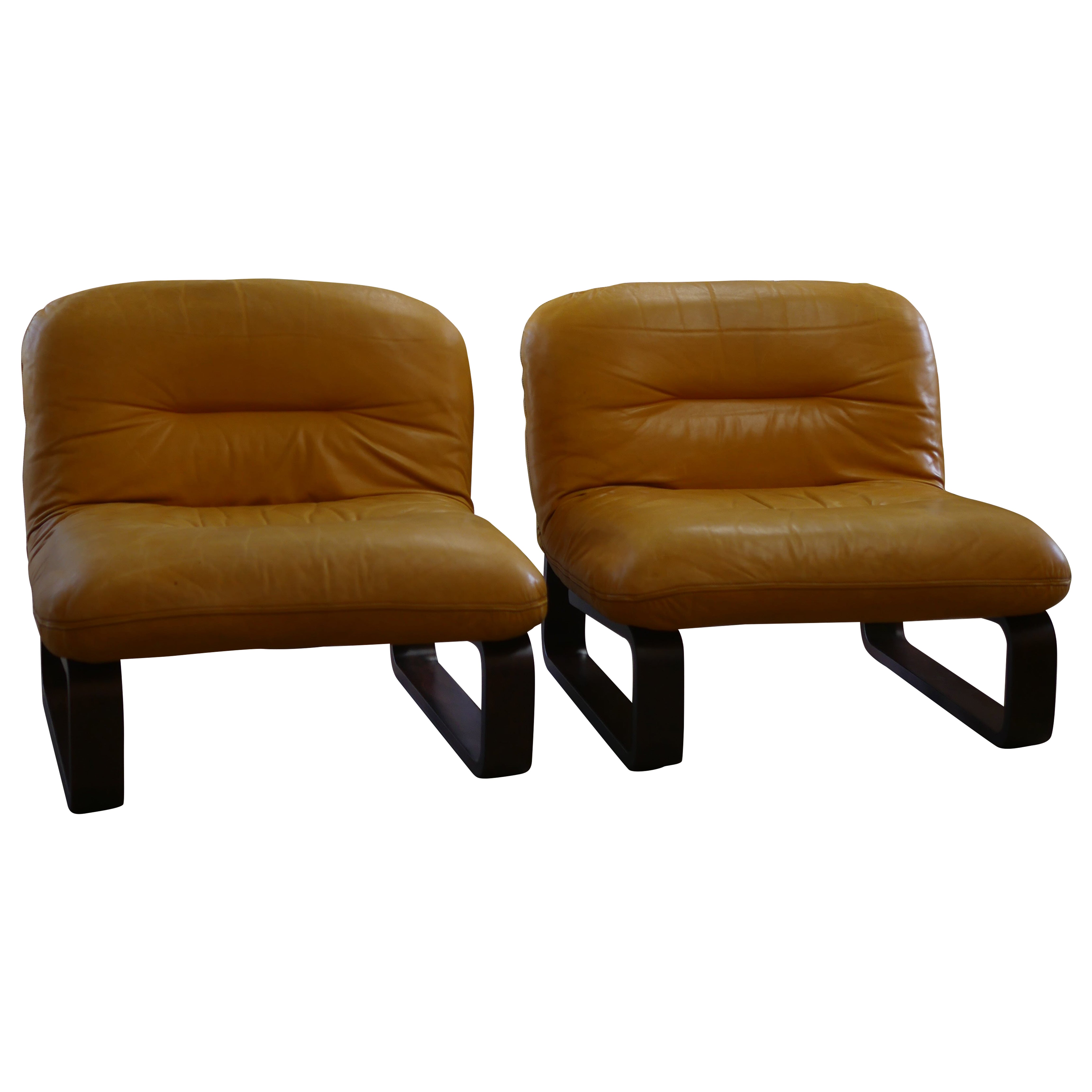 1970s Leather and Rosewood Bentwood Cantilever Lounge Chairs For Sale