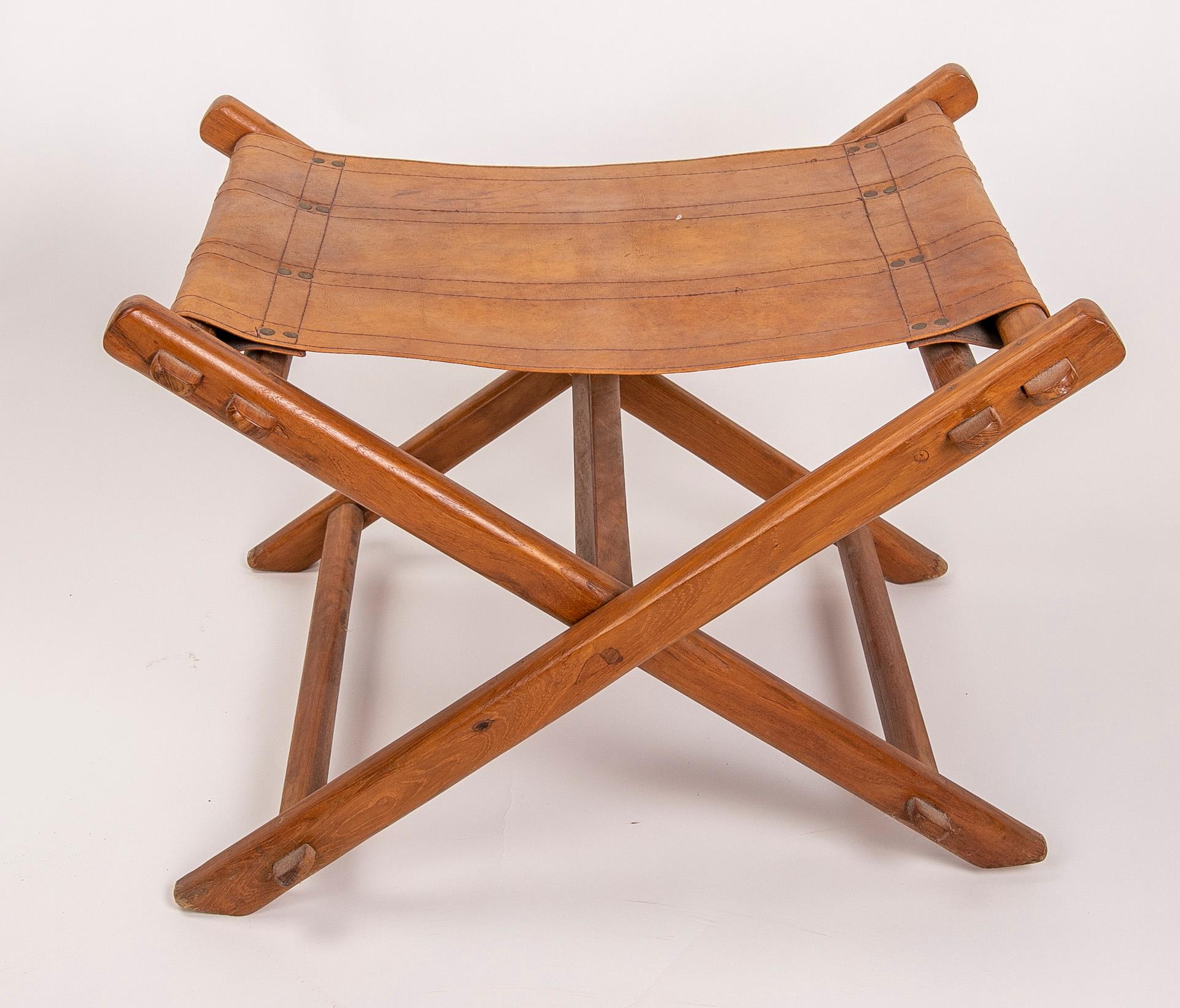 Spanish 1970s, Leather and Wooden Folding Chair
