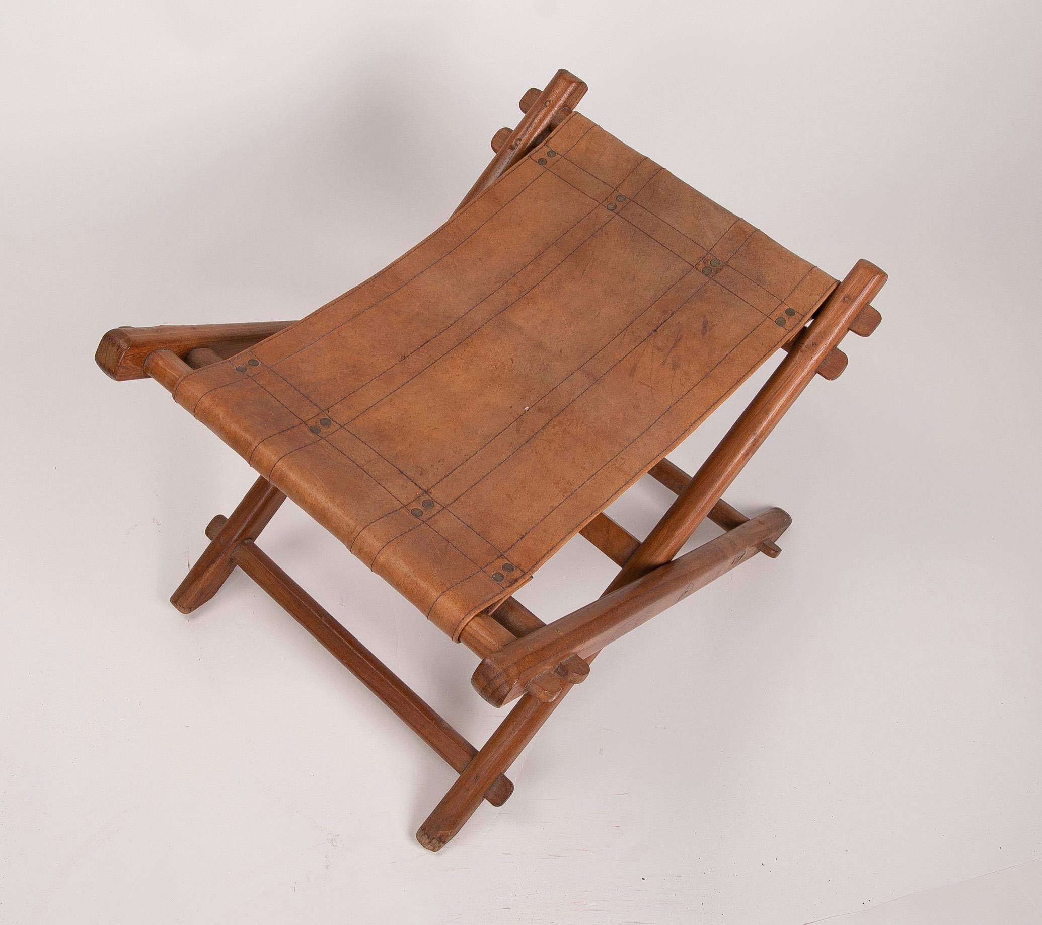 1970s, Leather and Wooden Folding Chair 1