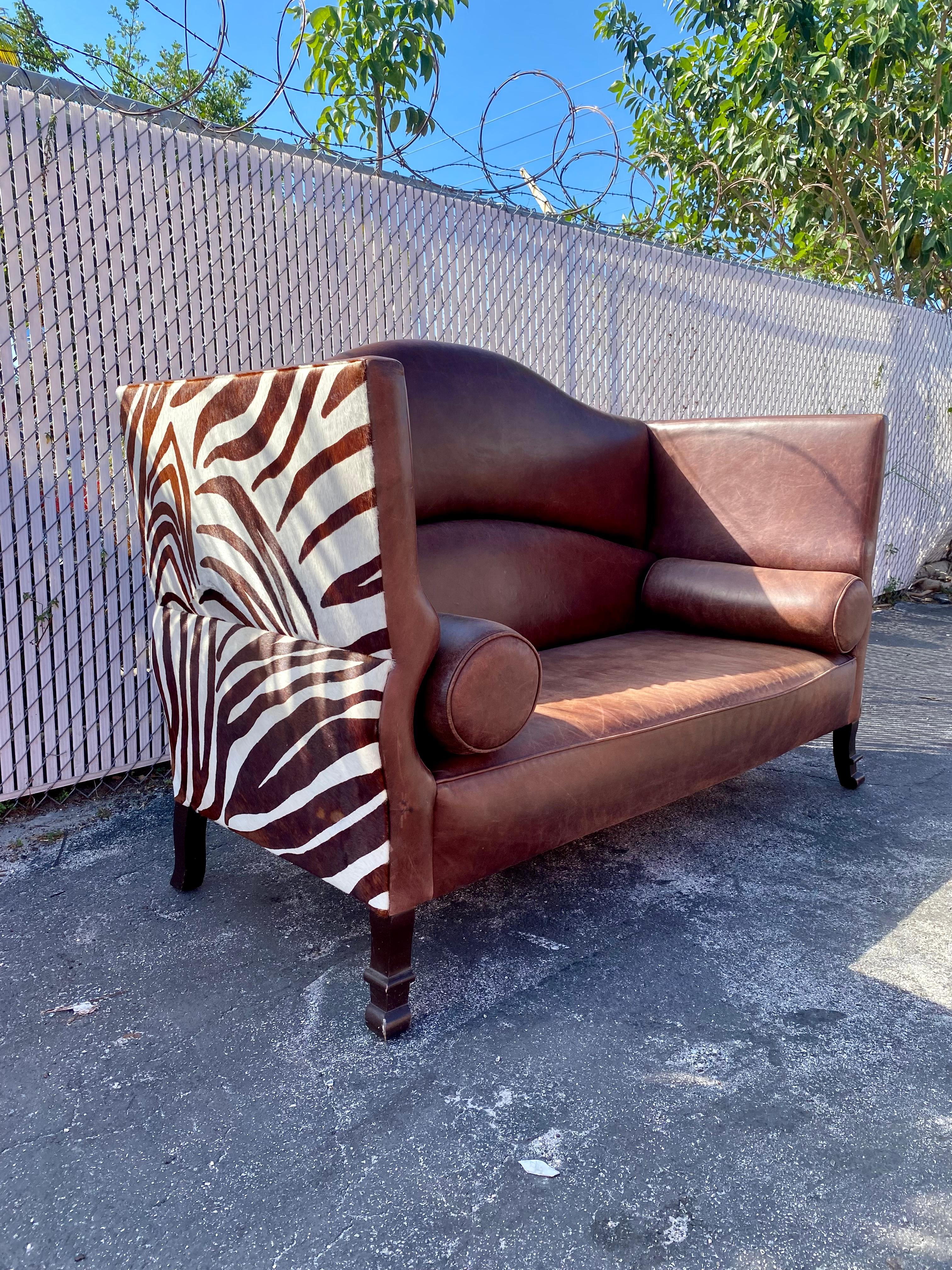 1970s Leather and Zebra Hide Scupltural Sofa Settee  In Good Condition For Sale In Fort Lauderdale, FL